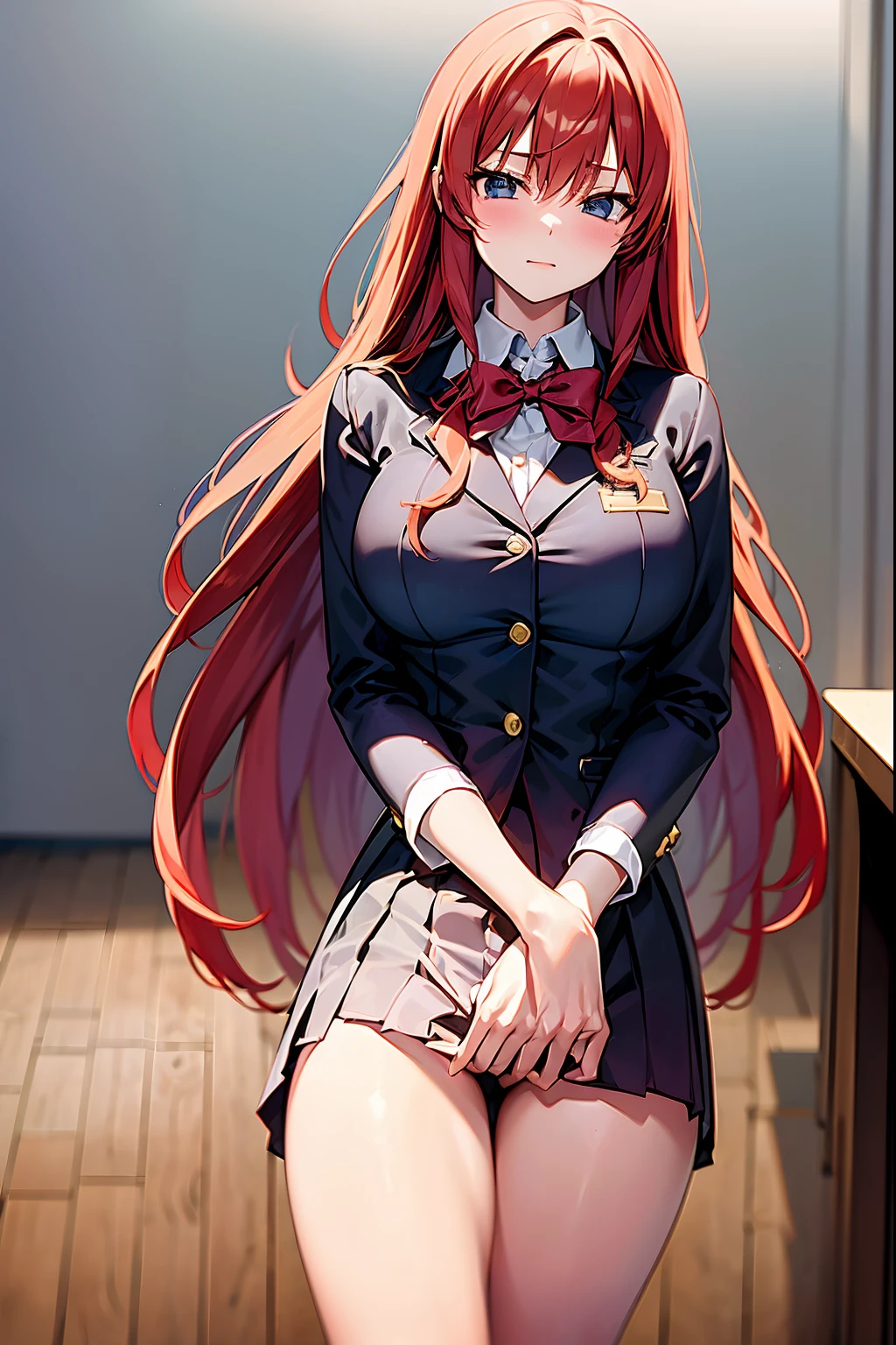 The Bride of Fifths+++ Satsuki Nakano、(red hairs,long)、1girl in, 独奏,18year old ((tall)) (Slim body) (((Wearing school uniform)))++++ Classroom++ Bright sunlight+++ thighs thighs thighs thighs