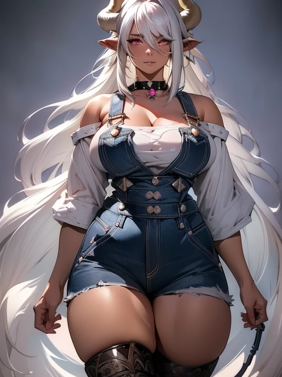 8k_wallpaper, extremely detailed eyes, extremely detailed body, (large masterpiece digital art), (detailed manga illustration), (detailed line art), ((perfect anatomy)), (intricate details:1.3), (ultra-detailed:1.3), (illustration:1.3), (sharp focus:1.3), (natural lighting:1.05), (vivid colors:1.3), (masterpiece), (best quality:1.4), (perfect anatomy:1.4), high quality, expressive eyes, full body, tall girl, detailed face, beautiful face, perfect face, detailed ((white hair)), (black hair), multicolored hair, (pink eyes), {{{dark skin}}}, ({dark skinned female}), cow girl, gigantic breasts, thick thighs, very long hair, bare shoulders, denim, (blue overalls), overalls, dynamic lighting, cow print, high resolution, 4k resolution, dynamic pose, silver jewelry, {fantasy farm background}, choker, (cow ears), {{cow tail}}, (tail), ((streaked hair)), wide hips, thigh-highs, horns, {cow horns}, animal ears, skin dentation, curvy, plump,