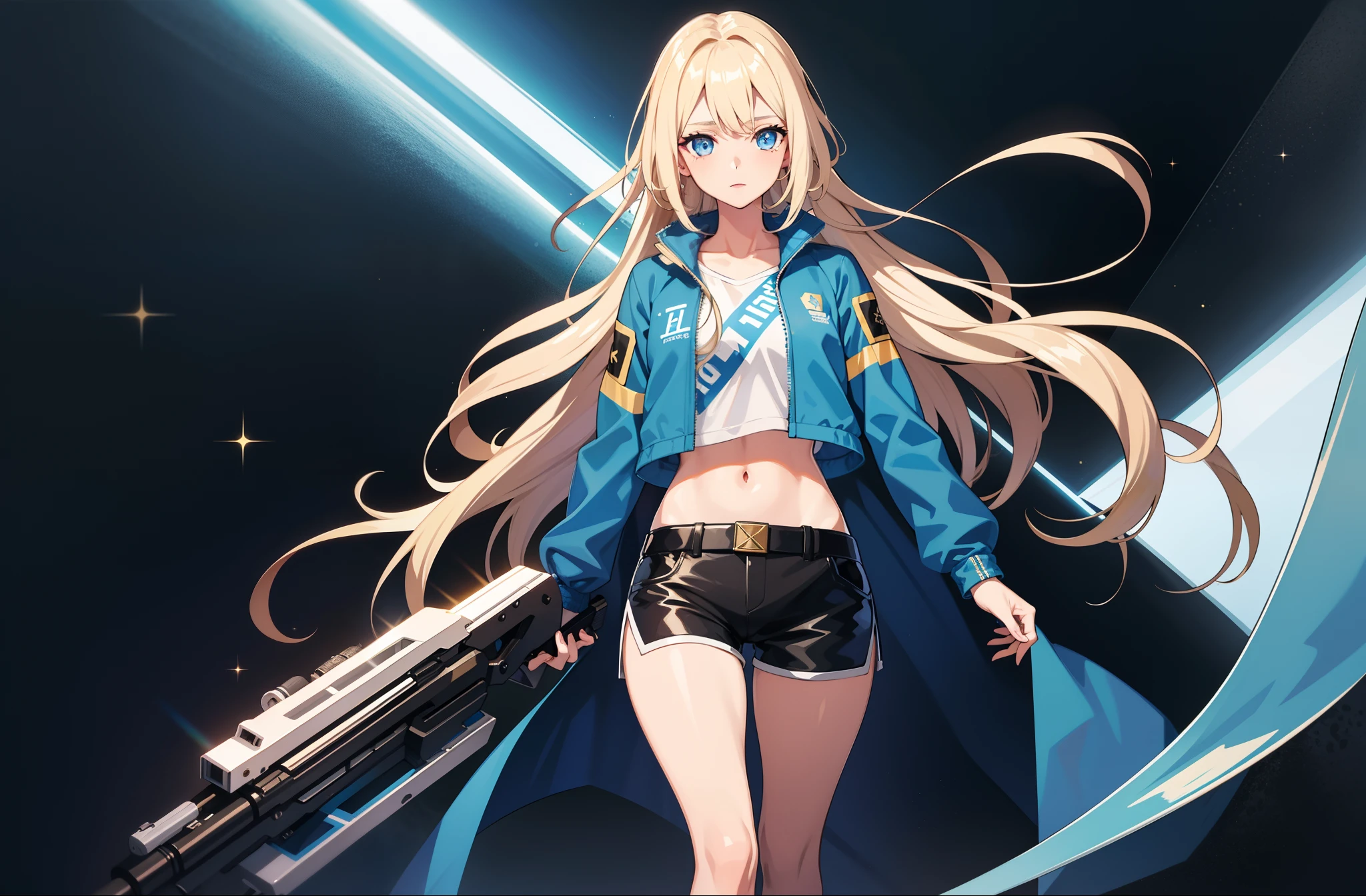 1 girl, mature girl, masterpiece, best quality, detailed eyes, sparkling eyes, shiny skin, shiny hair, blue eyes, light blonde hair, tall, long hair, straight hair, full body, best quality, shiny skin, shiny hair, sweaty, shorts, blue camouflage jacket, midriff, standing, blue sky,