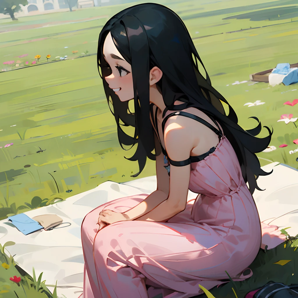 pixar girl sitting on her knees outside on a white picnic blanket. green grass surrounds her. she is turned a little bit to the left showing her side profile. she has her two hands on her lap looking to the left. she is wearing a hot pink long dress with straps. she is grinning. her long black hair is a middle part. black eyes.