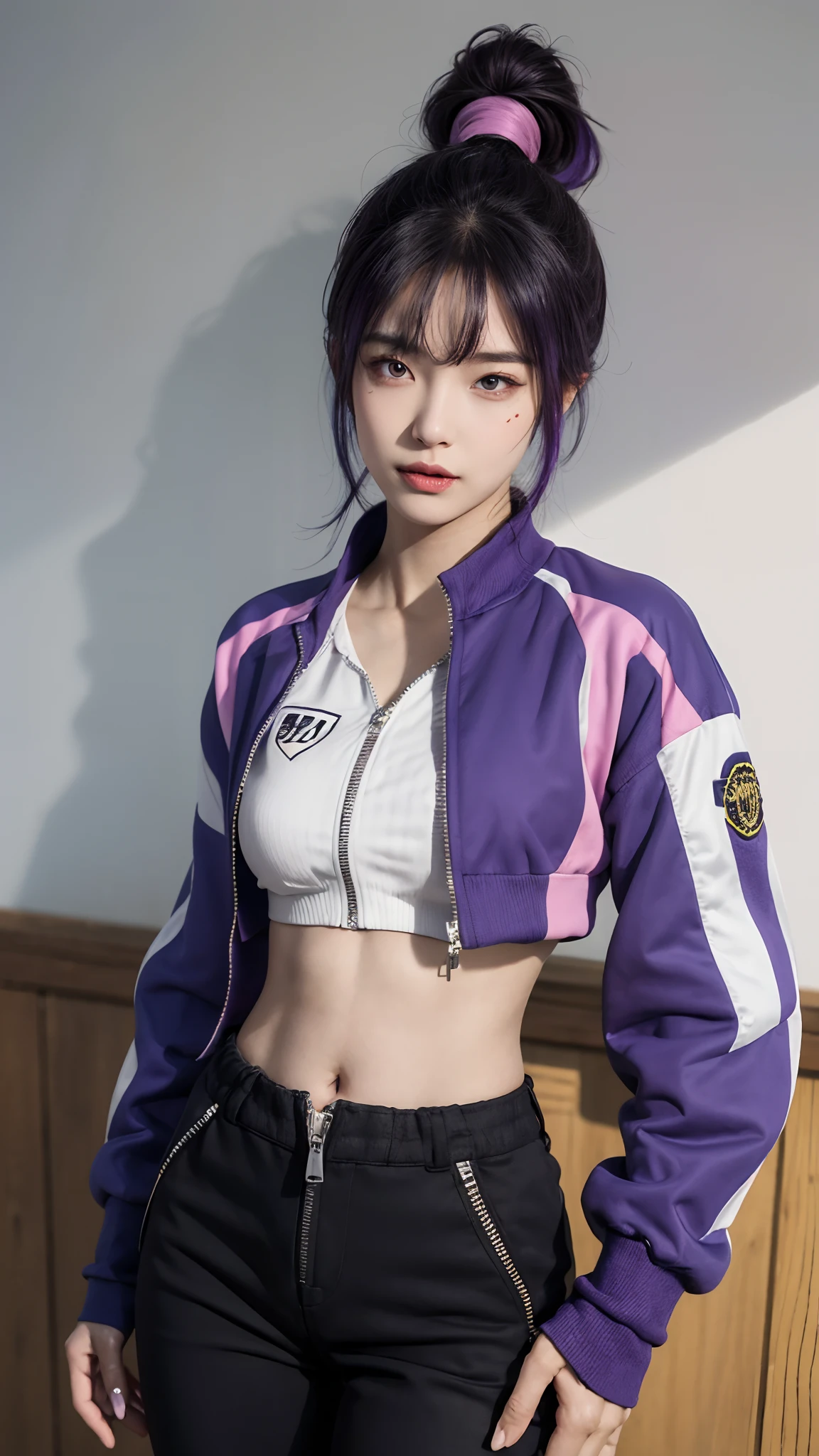 best quality,masterpiece,16k wallpaper,absurdres, highres, ultra detailed, (1 young beautiful girl, solo:1.1),[D.Va](Overwatch), navel,fingerless gloves, cropped jacket,jacket, multicolored hair, samurai ponytail (loanword), crop top, makeup,purple hair, open jacket,two-tone hair, open clothes, blue eyes, detailed lips,  small breasts, black pants, standing, zipper