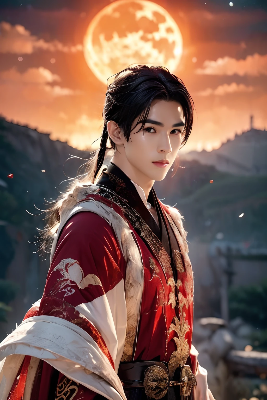 8K, masterpiece, A 21-year-old Asian man,thin eyebrows,Melon seed face,danfung Eye, Handsome face,Men's full body ,mountain in background, Time is night。Deep blue sky,A full moon,his skin is fair,He is slender, The limbs have pronounced muscle lines,high-definition photography,Real-world scenarios,perfect eyes, perfect skin, perfect hands, Lots of detail, wearing red long robe with white dragon embroidery, red long pants, red turtleneck shirt, fire, flame, magic, messy long hair, ponytail, looking into the distance, devilish gaze at viewer, cool and seductive, standing on the top of the mountain, wind blowing, ((red dragon))
