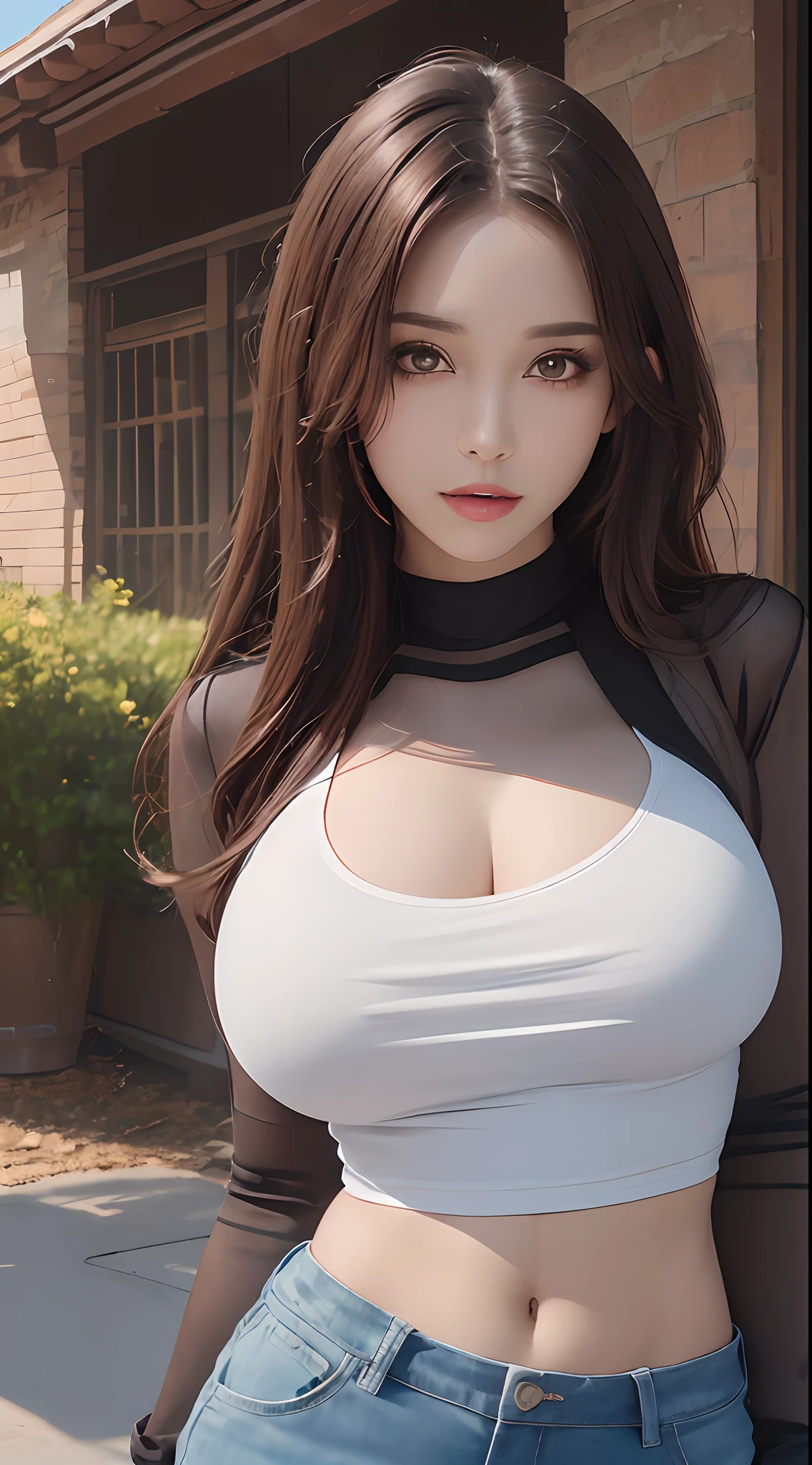 (highres,8k,masterpiece:1.3),sexy woman,1girl,(slim figure:1.2),dark brown hair,(outdoor,shirt,shorts:1.1),extremely detailed face,detailed lips,detailed eyes,double eyelids:(1.2)