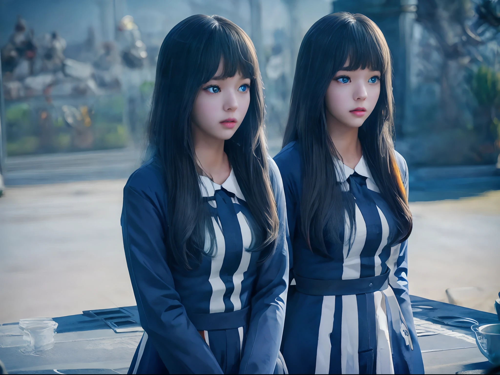 (masterpiece), realistic, beautiful face, sunlight, cinematic light, bangs, 2 beautiful sisters, full body, from above and side, BBQ, cook seafood , outdoor, school swimwear, lakeside, beautiful eyes, silver hair, perfect anatomy, very cute, princess eyes , (blue eyes) , Centered image, bioluminescence, 8 life size,8k Resolution, human hands, elegant, approaching perfection, dynamic, highly detailed, character sheet, concept art, smooth, facing directly at the viewer positioned so that their body is symmetrical and balanced, stunningly beautiful teenage girl, detailed hairstyle, fractal art, god ray, ****, endured sadness expression, open mouth and stick out tongue, castle ruins, airplane and contrail, rainbow, winter,