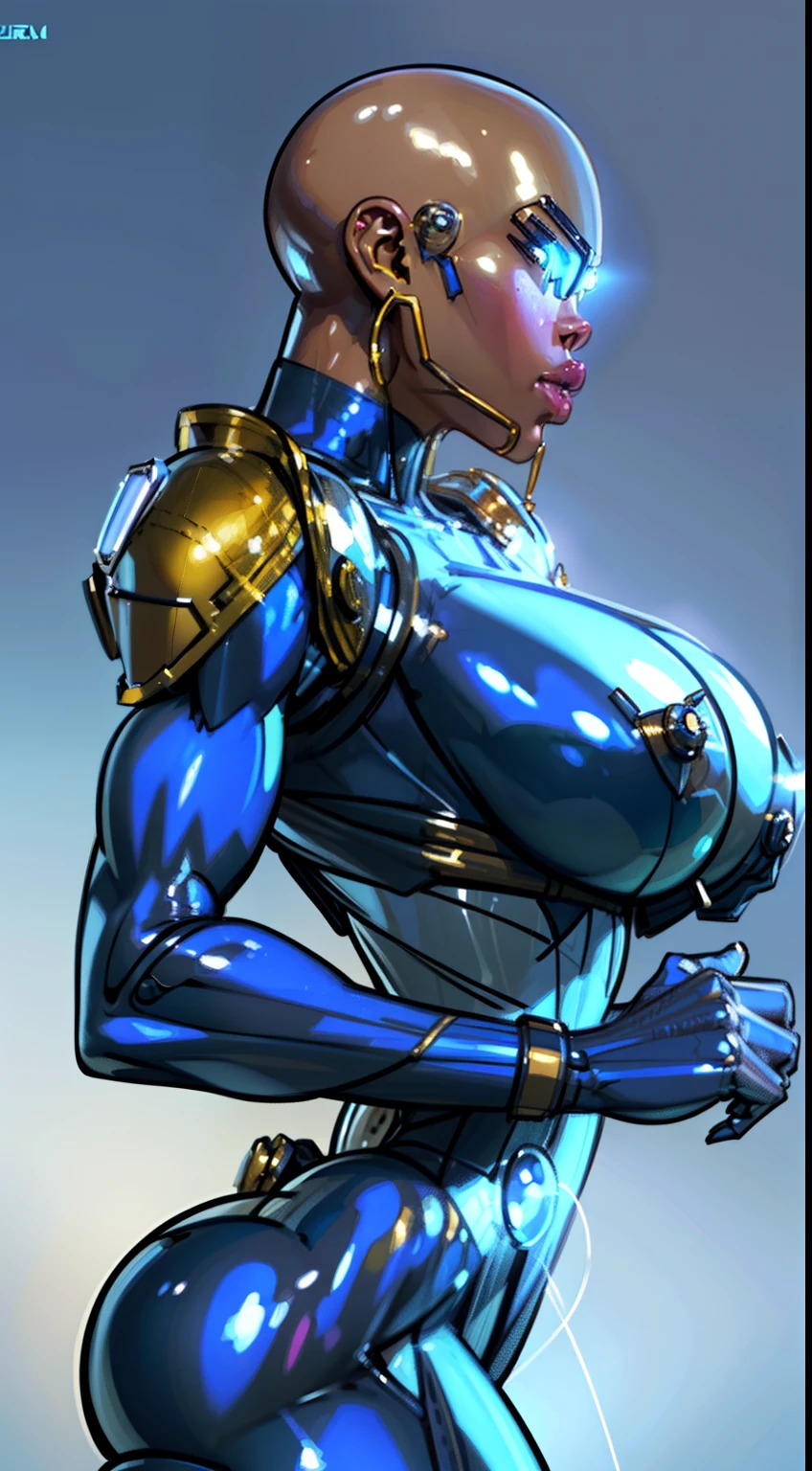 (( Aura:1.4)), 8k ((full back view:1.4)) (large eyes:1.3), defined cheekbones, looking back, ((the pit style:1.4))((sleek chrome bodysuit:1.6)) ((bodysuit:1.6)), ((visor))((intricate metal details:1.4))detailed face:1.5), lightblue skin,(puffy lips:1.5) (lightblue skin:1.6), (bald woman:1.7), ((sexy pose)),(Muscular:1.3), ((gigantic breasts:1.5)), )highly detailed, majestic, digital photography, art by artgerm and ruan jia and greg rutkowski, ((metal shoulder pads:1.2)), (masterpiece), ((Rembrandt lighting)), intricate details, black and blue color palette