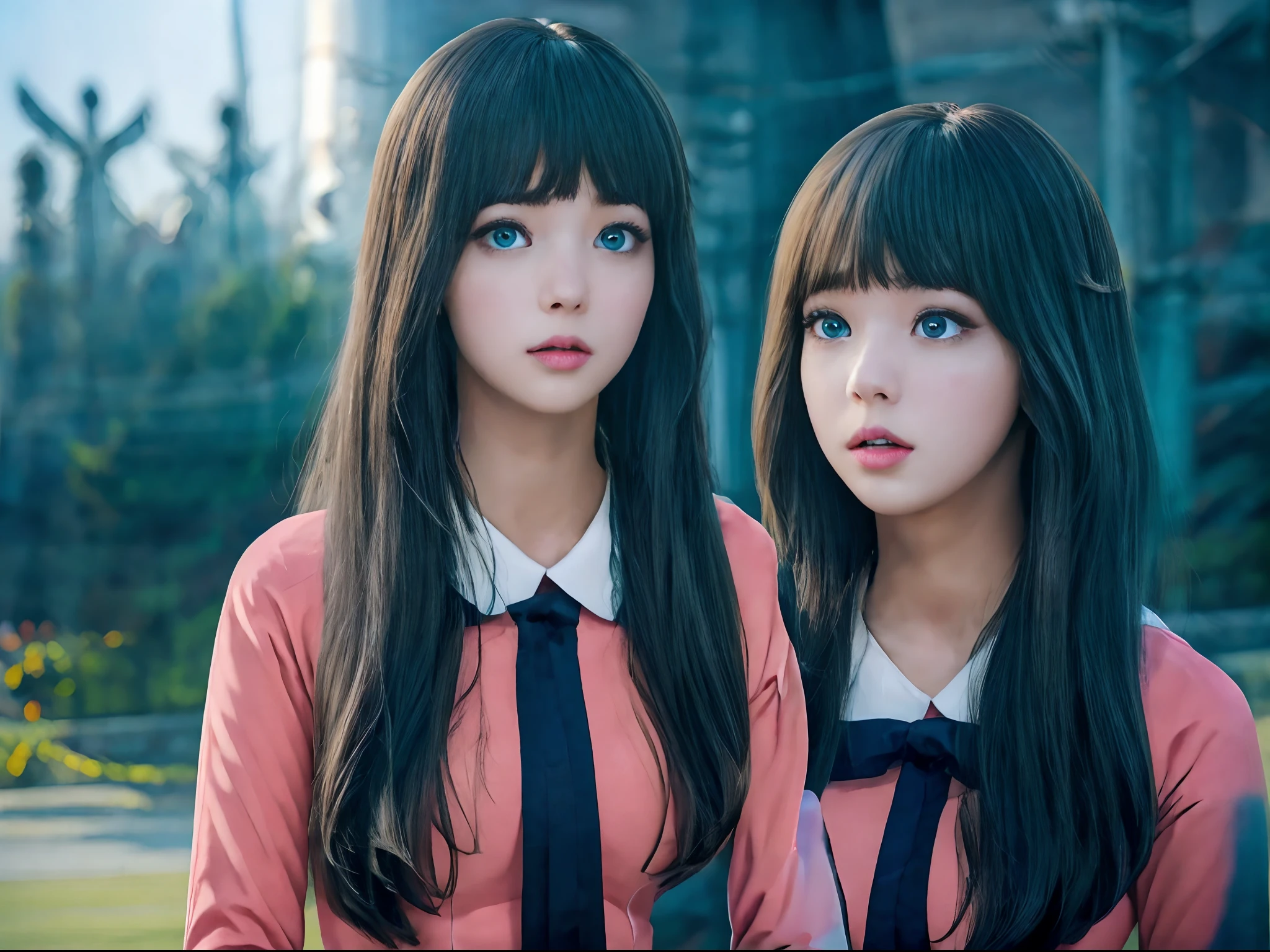 (masterpiece), realistic, beautiful face, sunlight, cinematic light, bangs, 2 beautiful sisters, full body, from above and side, BBQ, cook seafood , outdoor, school swimwear, lakeside, beautiful eyes, silver hair, perfect anatomy, very cute, princess eyes , (blue eyes) , Centered image, bioluminescence, 8 life size,8k Resolution, human hands, elegant, approaching perfection, dynamic, highly detailed, character sheet, concept art, smooth, facing directly at the viewer positioned so that their body is symmetrical and balanced, stunningly beautiful teenage girl, detailed hairstyle, fractal art, god ray, ****, endured sadness expression, open mouth and stick out tongue, castle ruins, airplane and contrail, rainbow, winter,