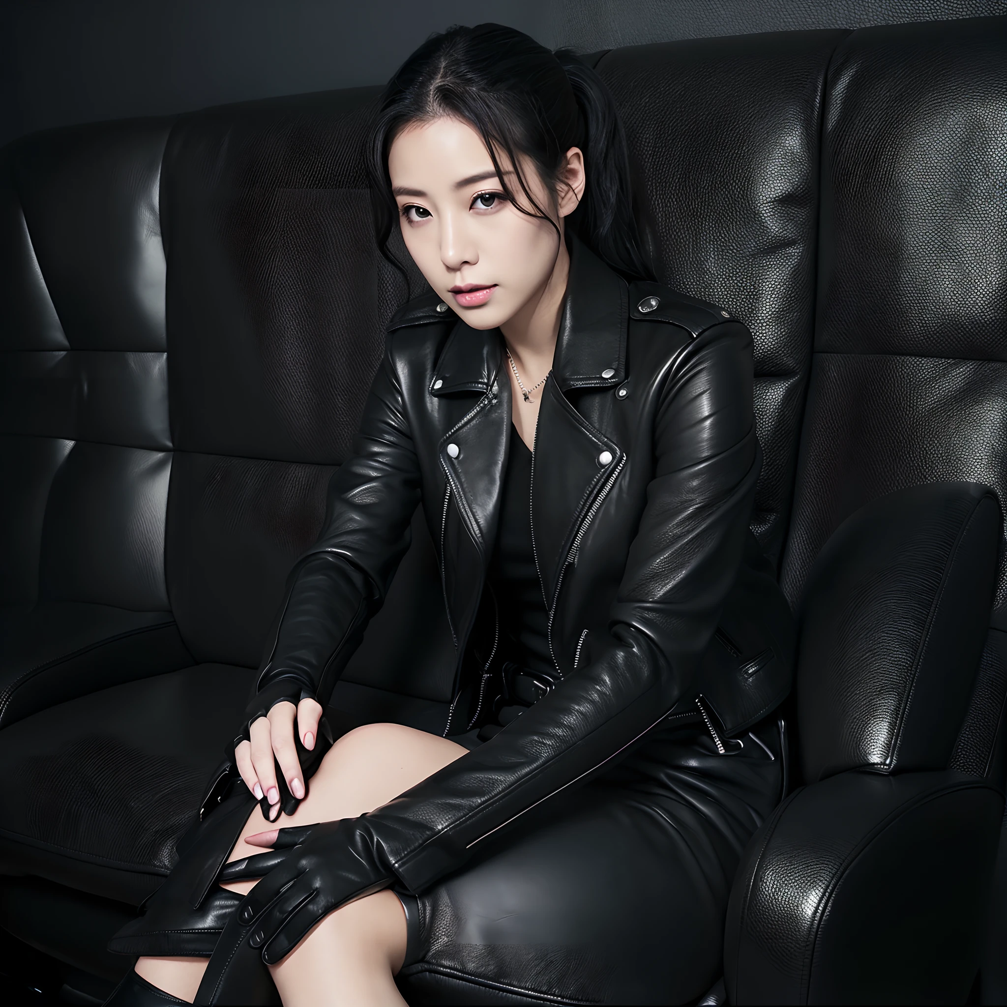 Jennie 8K Super Realistic Beautiful Blackpink leaning on the couch wearing gloves and with her legs crossed in the air Jennie