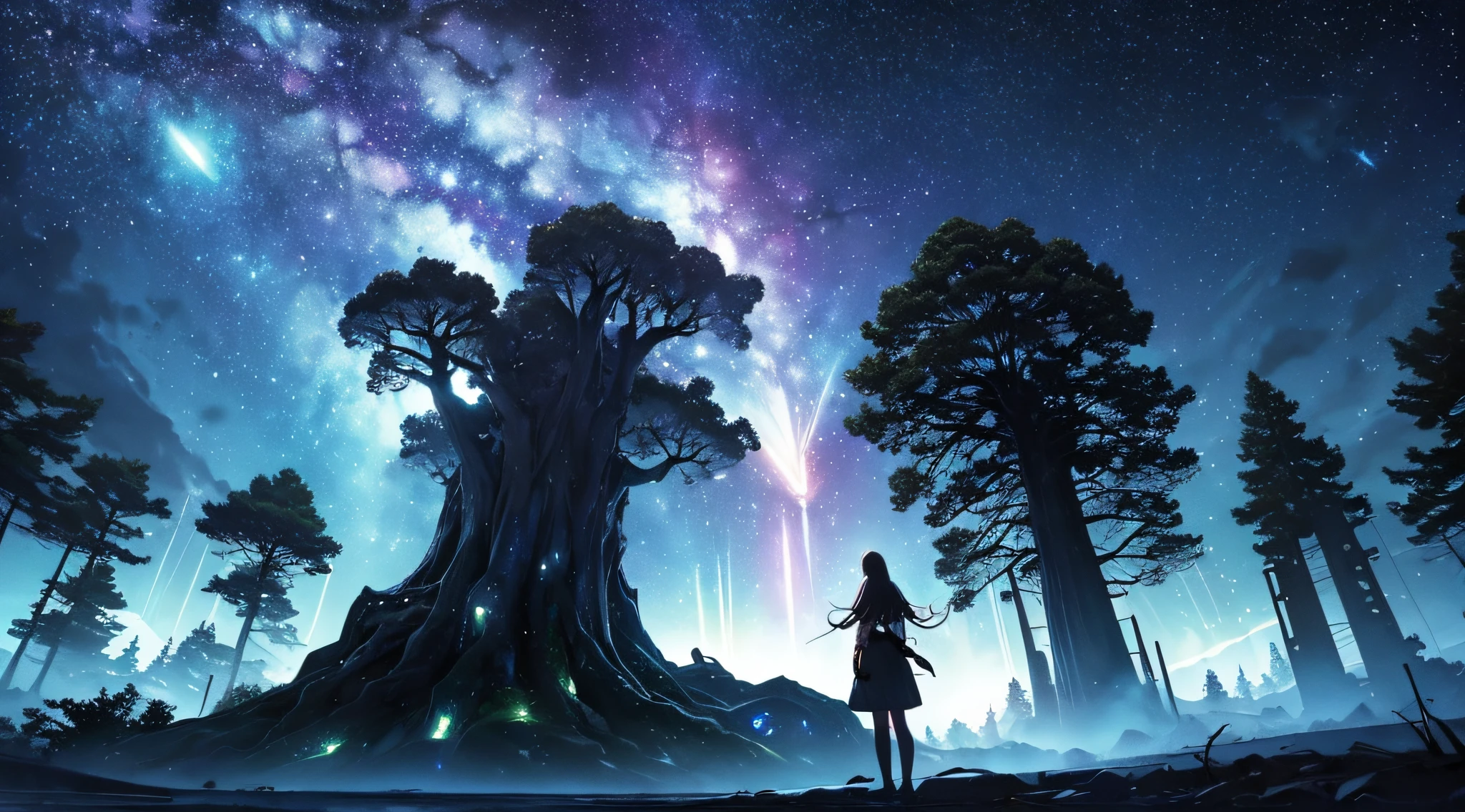 masterpiece、Background with((Fantastic starry sky、meteors、black hole))、Depth((Giant Tree、Fantastic、Luminescent))、a beauty girl、onepiece、Rear view