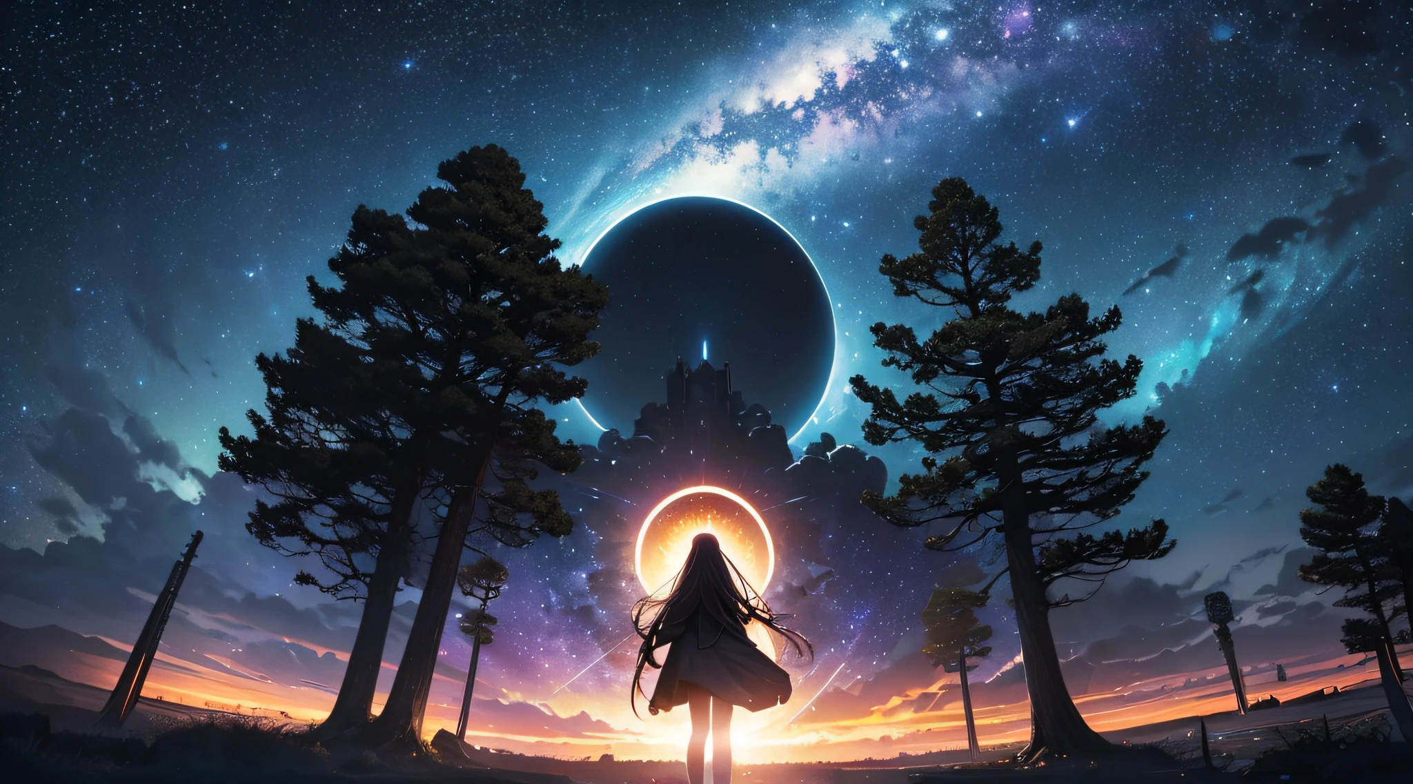 ​masterpiece、Background with((Fantastic starry sky、meteors、black hole))、Depth((Giant Tree、Fantastic、Luminescent))、a beauty girl、onepiece、Rear view