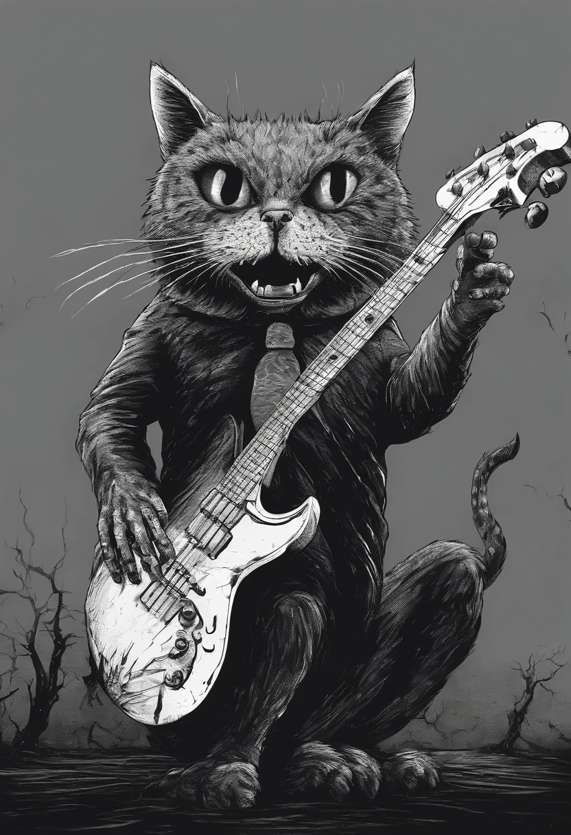 Cat SCREAMING INK HOLDING A BASS GUITAR ILLUSTRATION TIM BURTON STYLE