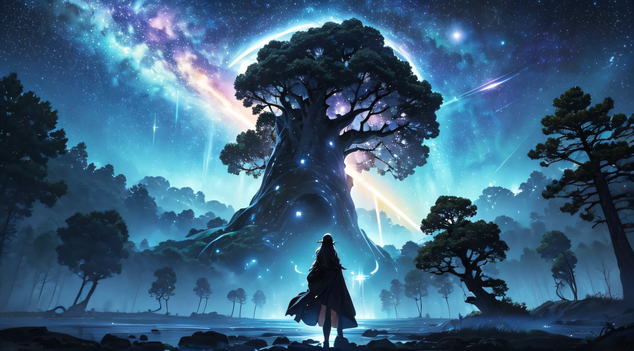 masterpiece、Background with((Fantastic starry sky、meteors、black hole))、Depth((Giant Tree、Fantastic、Luminescent))、a beauty girl、onepiece、Rear view