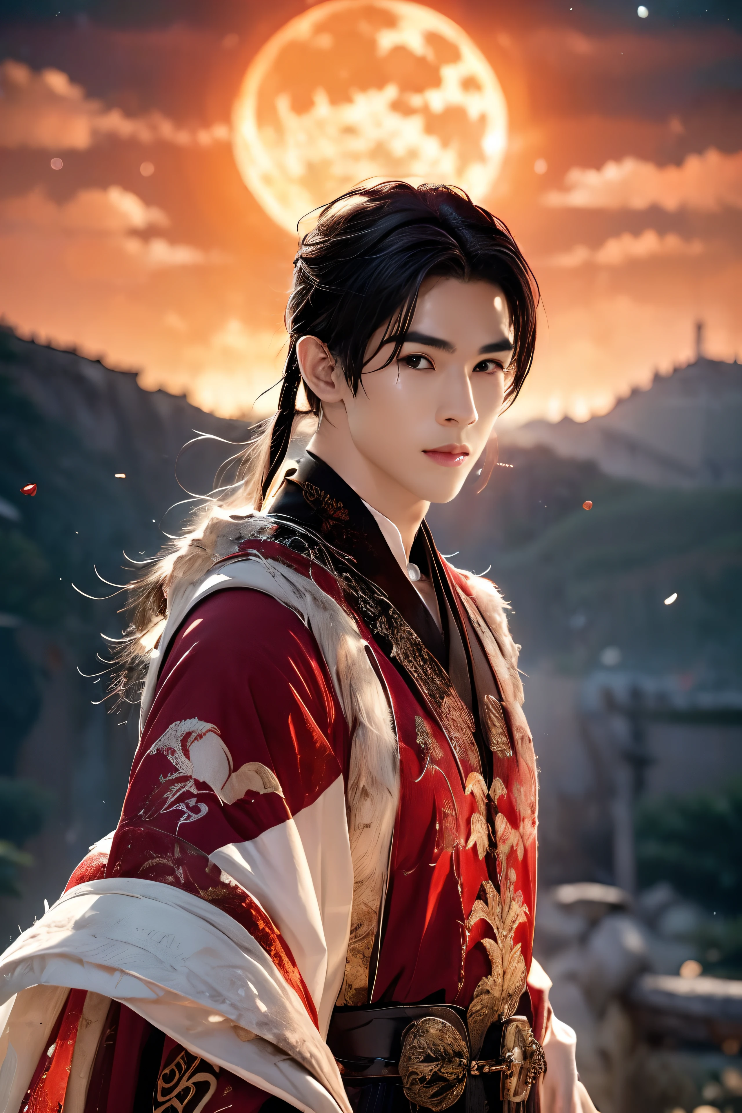 8K, masterpiece, A 21-year-old Asian man,thin eyebrows,Melon seed face,danfung Eye, Handsome face,Men's full body ,mountain in background, Time is night。Deep blue sky,A full moon,his skin is fair,He is slender, The limbs have pronounced muscle lines,high-definition photography,Real-world scenarios,perfect eyes, perfect skin, perfect hands, Lots of detail, wearing red long robe with white dragon embroidery, red long pants, red turtleneck shirt, fire, flame, magic, messy long hair, ponytail, looking into the distance, devilish gaze at viewer, cool and seductive, standing on the top of the mountain, wind blowing, ((red dragon))