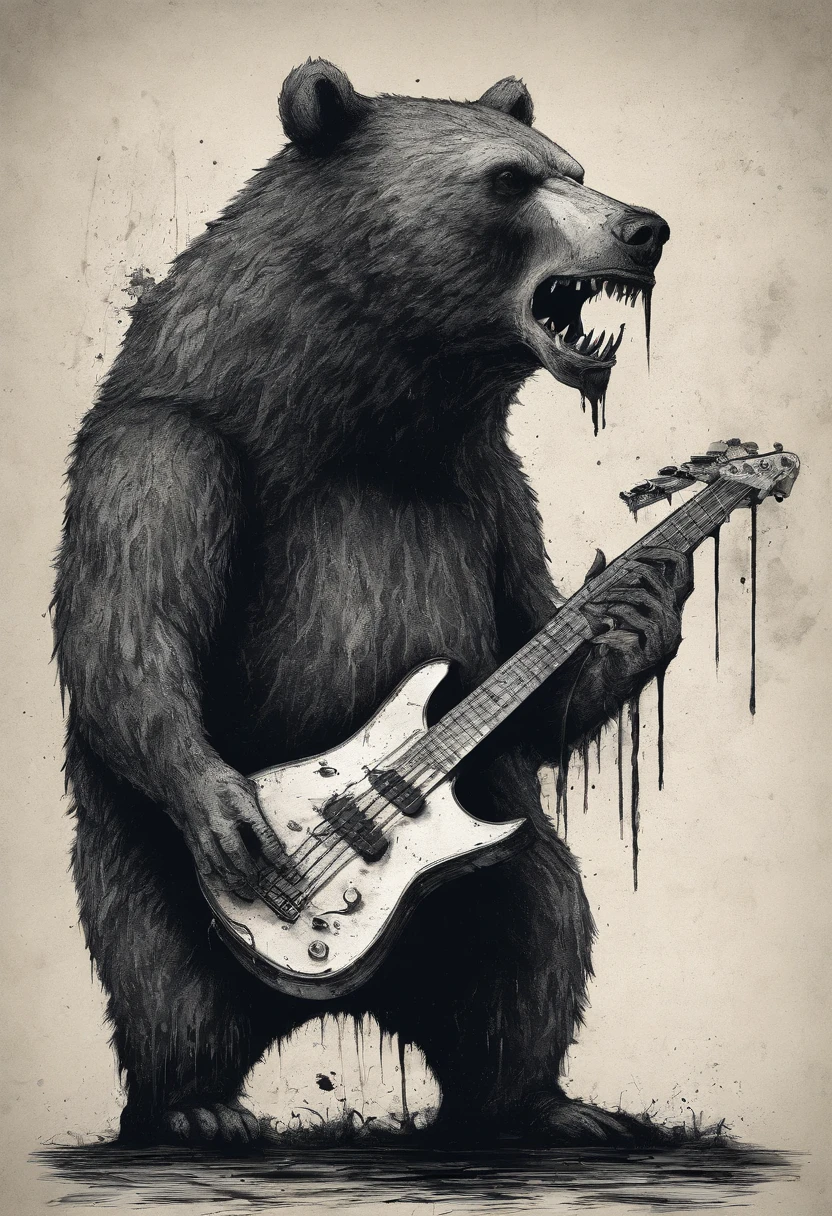 BEAR SCREAMING INK HOLDING A BASS GUITAR ILLUSTRATION TIM BURTON STYLE
