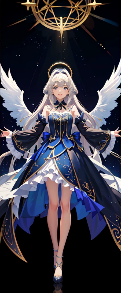 (full body shot of:1.4),white backgrounid,(1 Angel Girl,shiny wings,The halo,Delicate headgear,ssmile),(paper art,Quilted paper art,Geometry),(plethora of colors,Best quality,high detal,tmasterpiece,Cinematic lighting effects,4K,Chiaroscuro)Sheer tulle dress,blue stocking