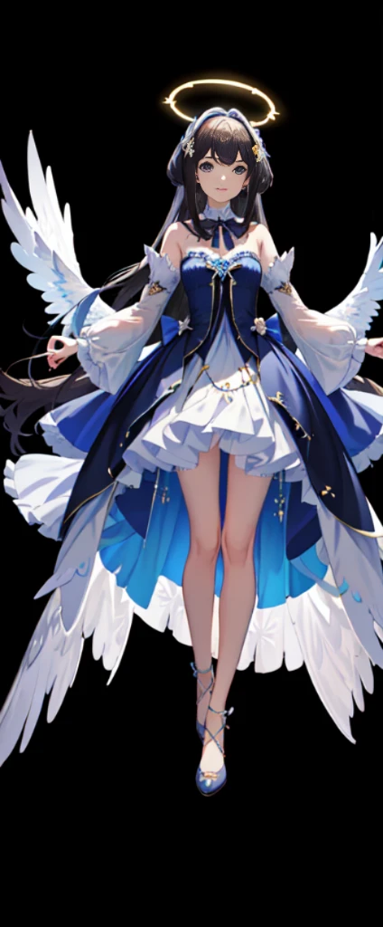 (full body shot of:1.4),white backgrounid,(1 Angel Girl,shiny wings,The halo,Delicate headgear,ssmile),(paper art,Quilted paper art,Geometry),(plethora of colors,Best quality,high detal,tmasterpiece,Cinematic lighting effects,4K,Chiaroscuro)Sheer tulle dress,blue stocking
