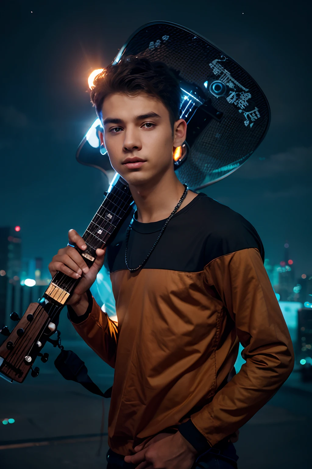 Boy with guitar futuristic night City background realistic face