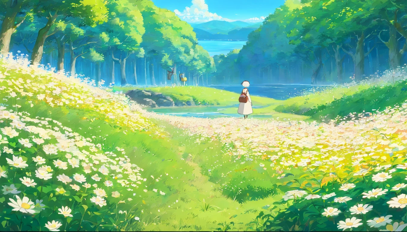 White flower field, forest, river, windy, warm light