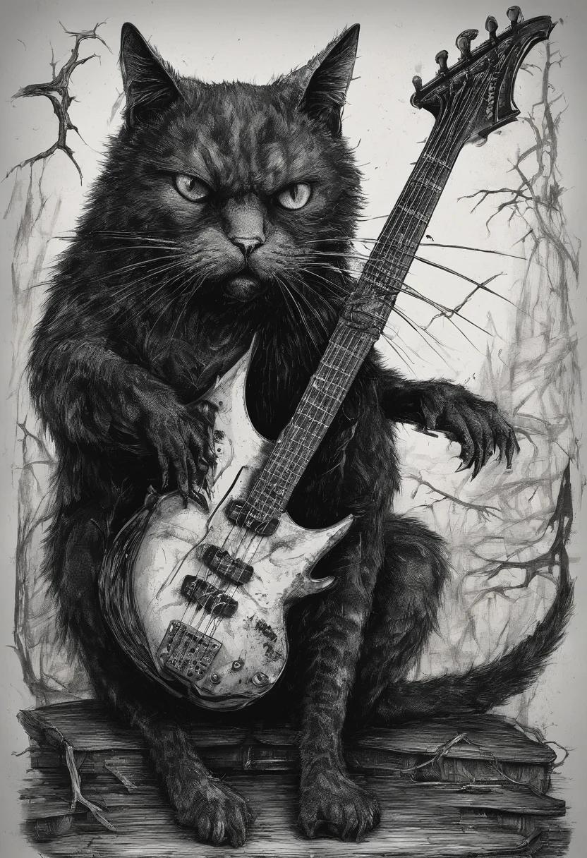 cat SCREAMING INK HOLDING A BASS GUITAR ILLUSTRATION TIM BURTON STYLE