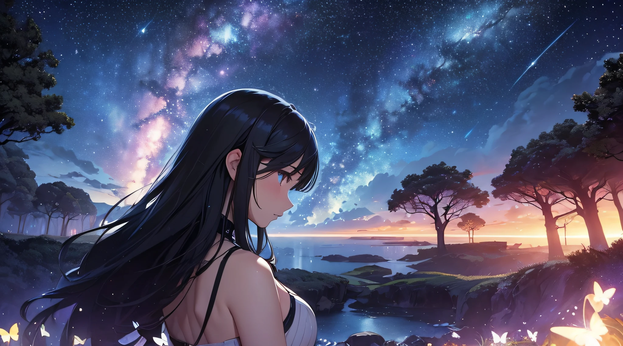 masterpiece、Background with((Fantastic starry sky、meteors、black hole))、Depth((Giant Tree、Fantastic、Luminescent))、Luminescent butterflies are flying、a beauty girl、onepiece、Rear view