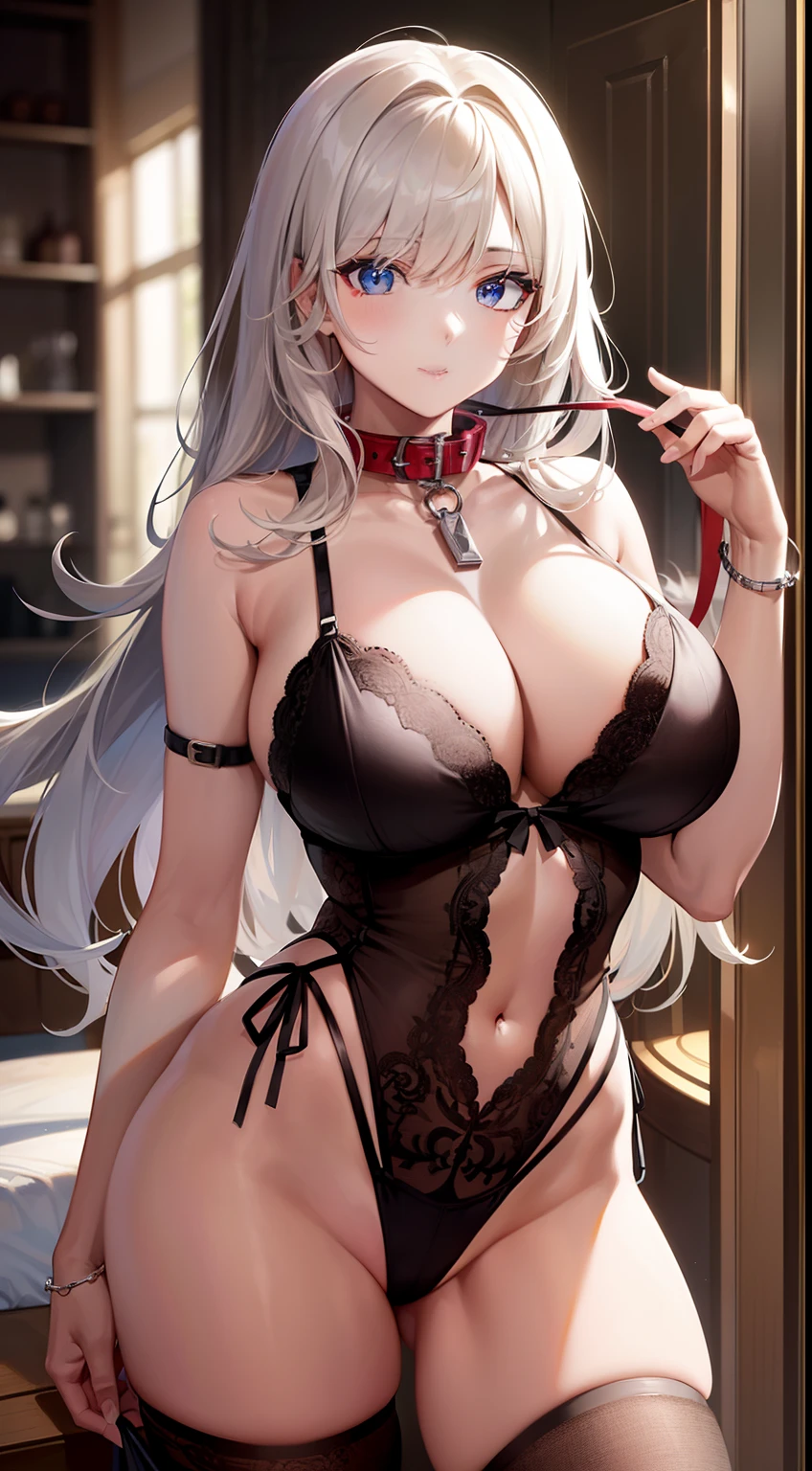 ((masuter piece)),((Finest quality)),(super precision),sharpnes,Clear,Detailed down to the smallest detail,Phenomenal depiction,Top quality anime,((1 adult female),Colossal tits:1.3,cleavage of the breast:1.4,Slim and well-proportioned body,Clean face,pretty skin,Beautiful lingerie with detailed details:1.3,Collar with a leash,