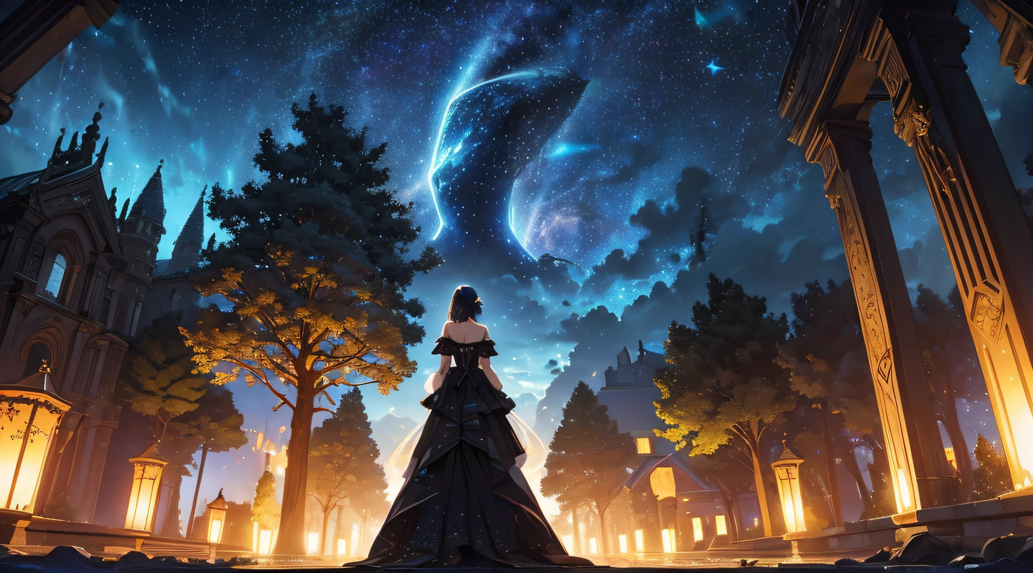 masterpiece、Background with((Fantastic starry sky、meteors、black hole))、Depth((Giant Tree、Fantastic、Luminescent))、Luminescent butterflies are flying、a beauty girl、onepiece、Rear view