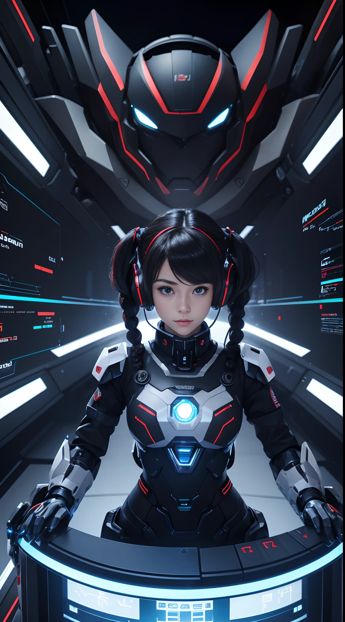 cute girl in cyberspace, hyperspace, hacking a futuristic computer network, hackingui, user interface, hud, red and black , perfect hair, perfect face, Heterochromia, multicolored hair, computer screen, screen, behind screen, {{braid}}, short hair, headphones, headset, twintails, mecha, mecha musume, mechanical body, mechanical arms,photo hd,4k,8k