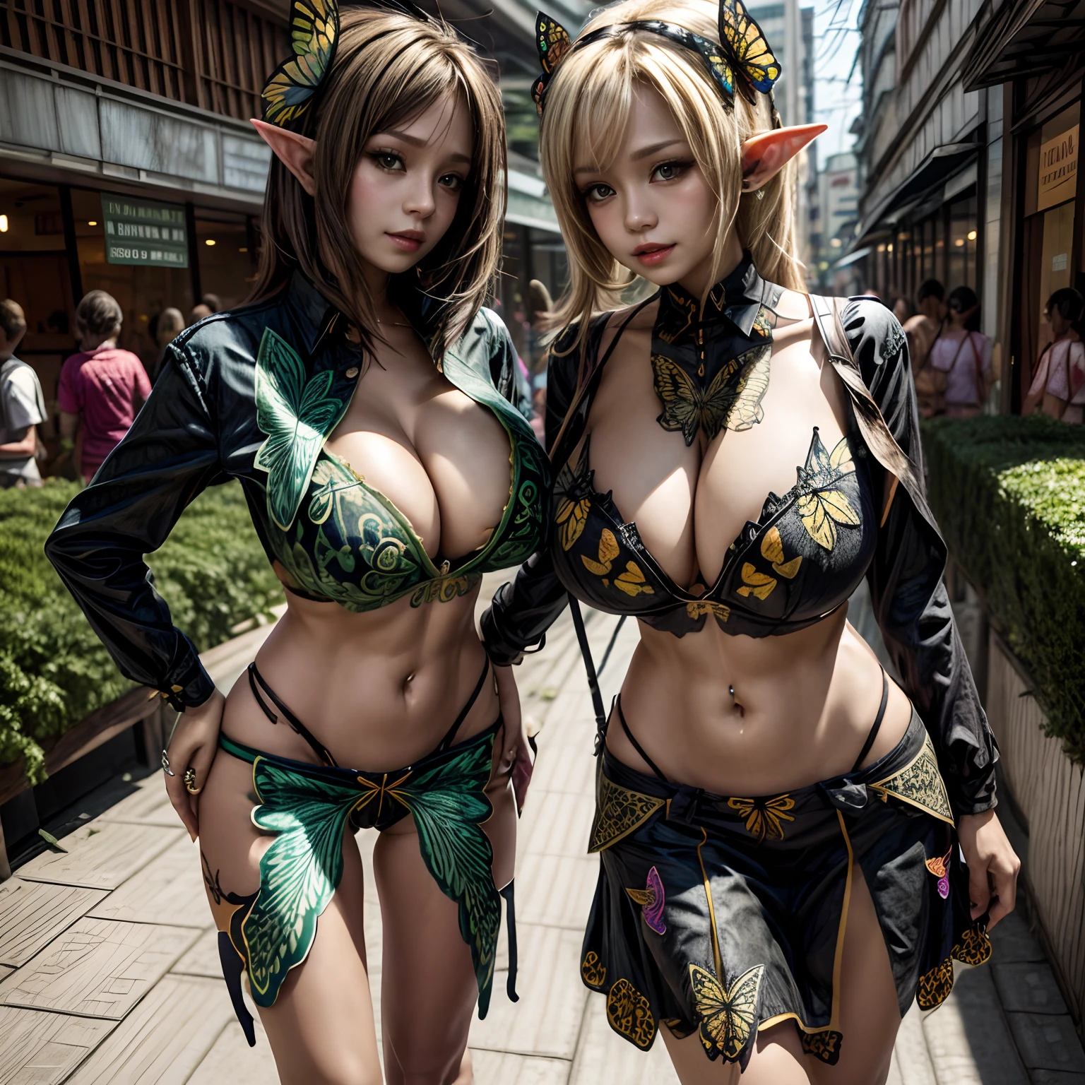 Design drawing of samba fashion with (butterfly motif:1.2) for female mature elf on the street , giga_busty