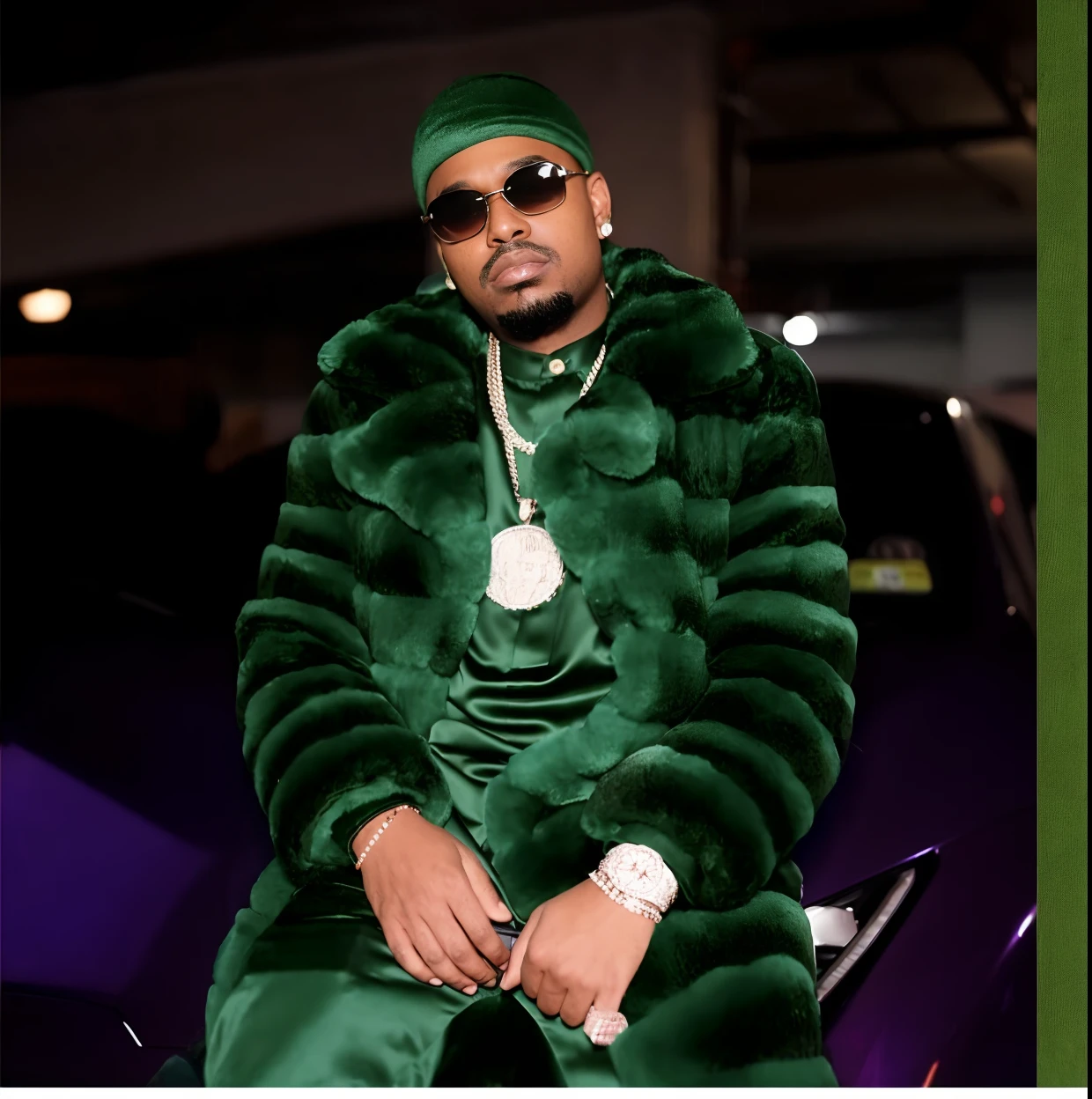 Boss Amero with dreadlocks dressed in a green chinchilla and sunglasses sitting on a purple car with two beautiful ladies on each side of him lusting over his looks, rapper bling jewelry, masterpice, nas, flaunting his wealth, wearing only a green robe, rap bling, dressed in a green robe, sam hyde in gold suit, teddy fresh, green fur, rapper jewelry, taken in the early 2020s, wearing green suit