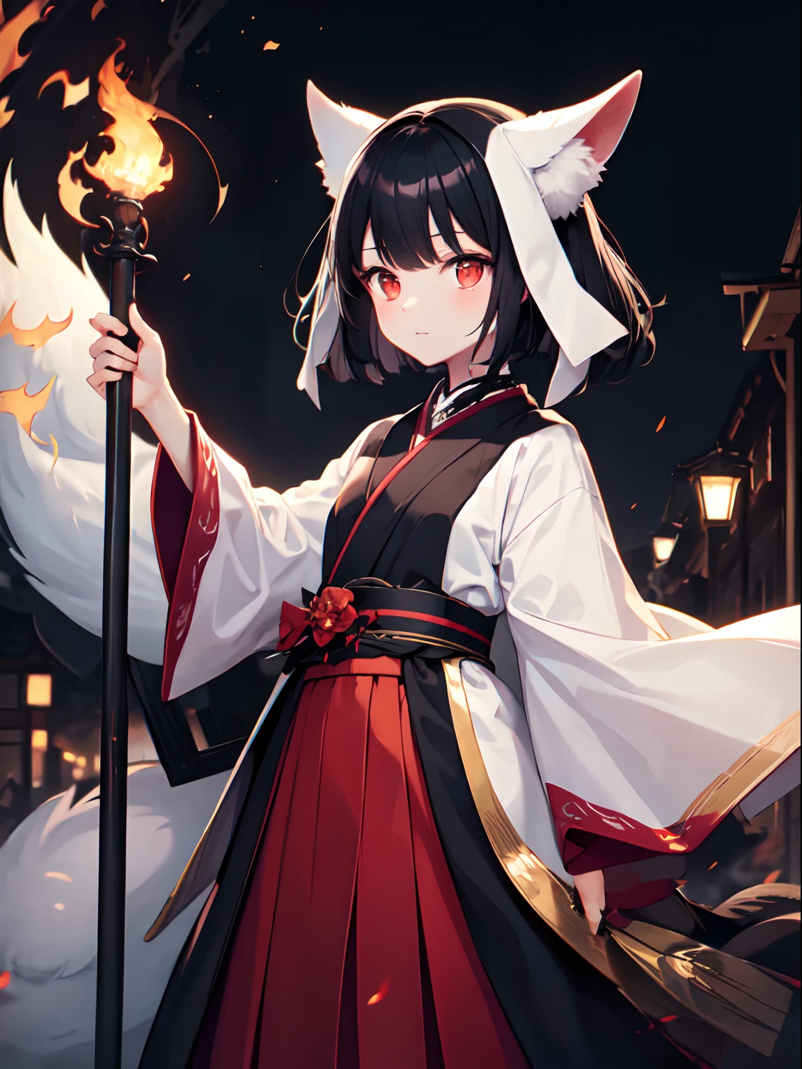 Small kitsune girl with black hair, red glowing eyes, sleeves past fingers, elegant and dignified look, night parade of a hundred demons, mesmerizing and eerie