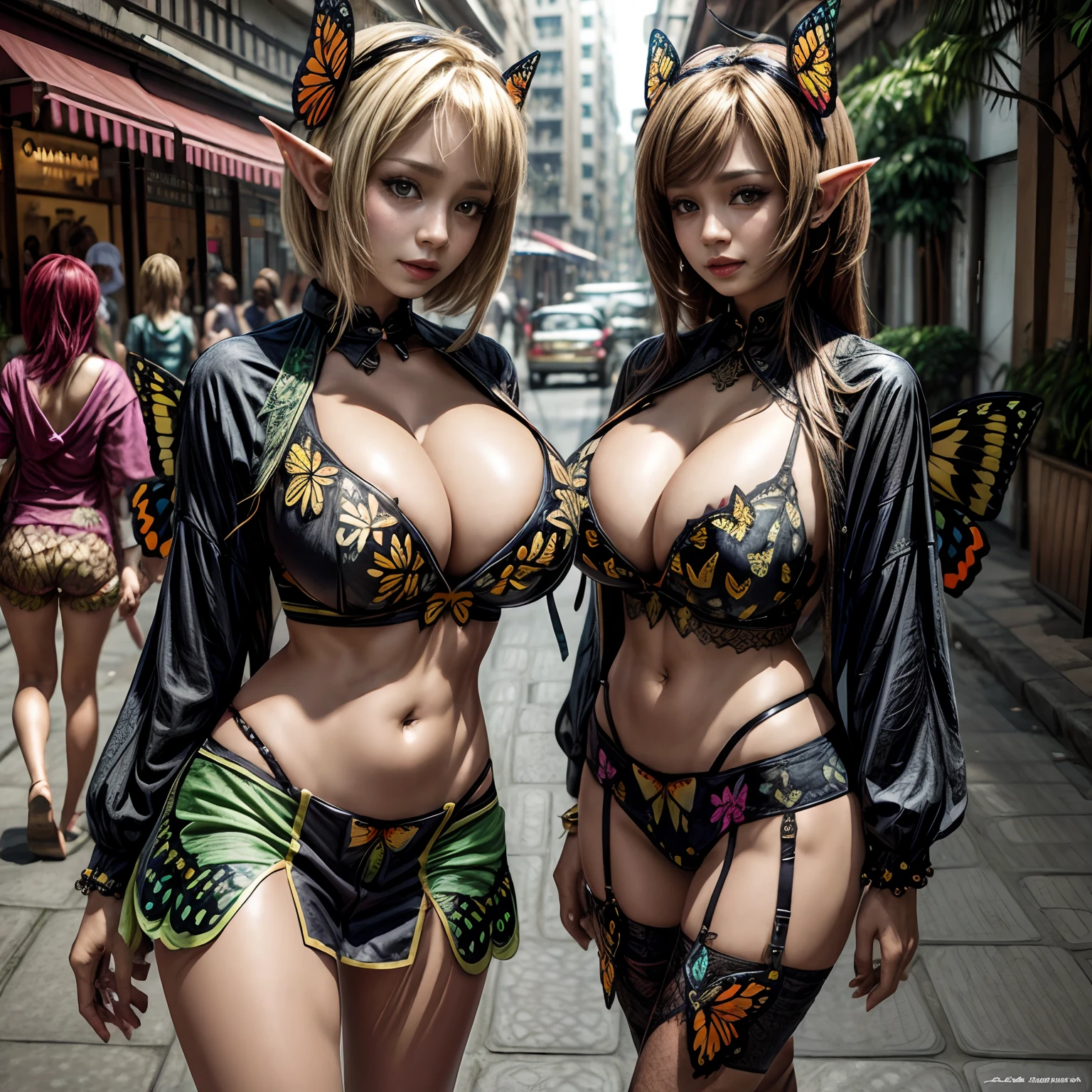 Design drawing of samba fashion with (butterfly motif:1.2) for female mature elf on the street , giga_busty