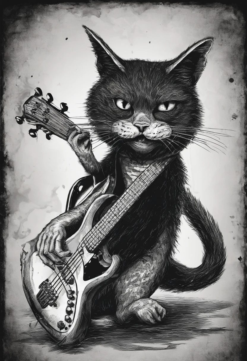 cat SCREAMING INK HOLDING A BASS GUITAR ILLUSTRATION TIM BURTON STYLE
