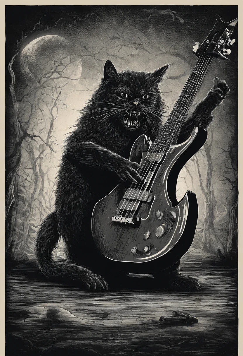 cat SCREAMING INK HOLDING A BASS GUITAR ILLUSTRATION TIM BURTON STYLE