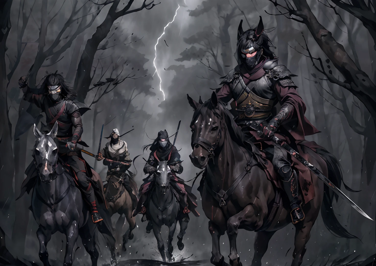 ( 4+ samurais: holding katana, fantasysword sword, menacing masks, riding a horse in one direction), (background: Dark gloomy forest of horror and death, storm and rain, darkness)