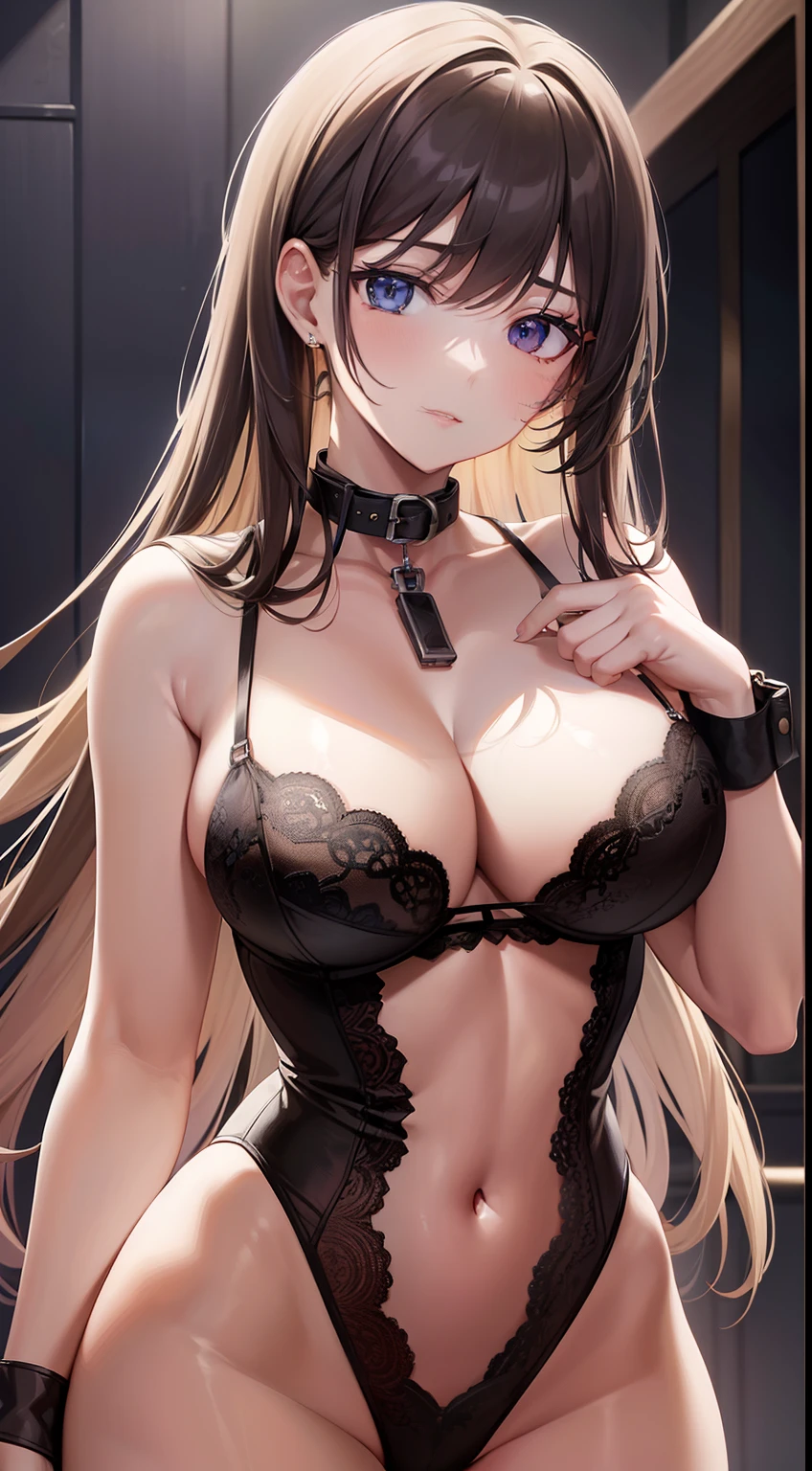((masuter piece)),((Finest quality)),(super precision),sharpnes,Clear,Detailed down to the smallest detail,Phenomenal depiction,Top quality anime,((1 adult female),Colossal tits:1.3,cleavage of the breast:1.4,Slim and well-proportioned body,Clean face,pretty skin,Beautiful lingerie with detailed details:1.3,Collar with a leash,