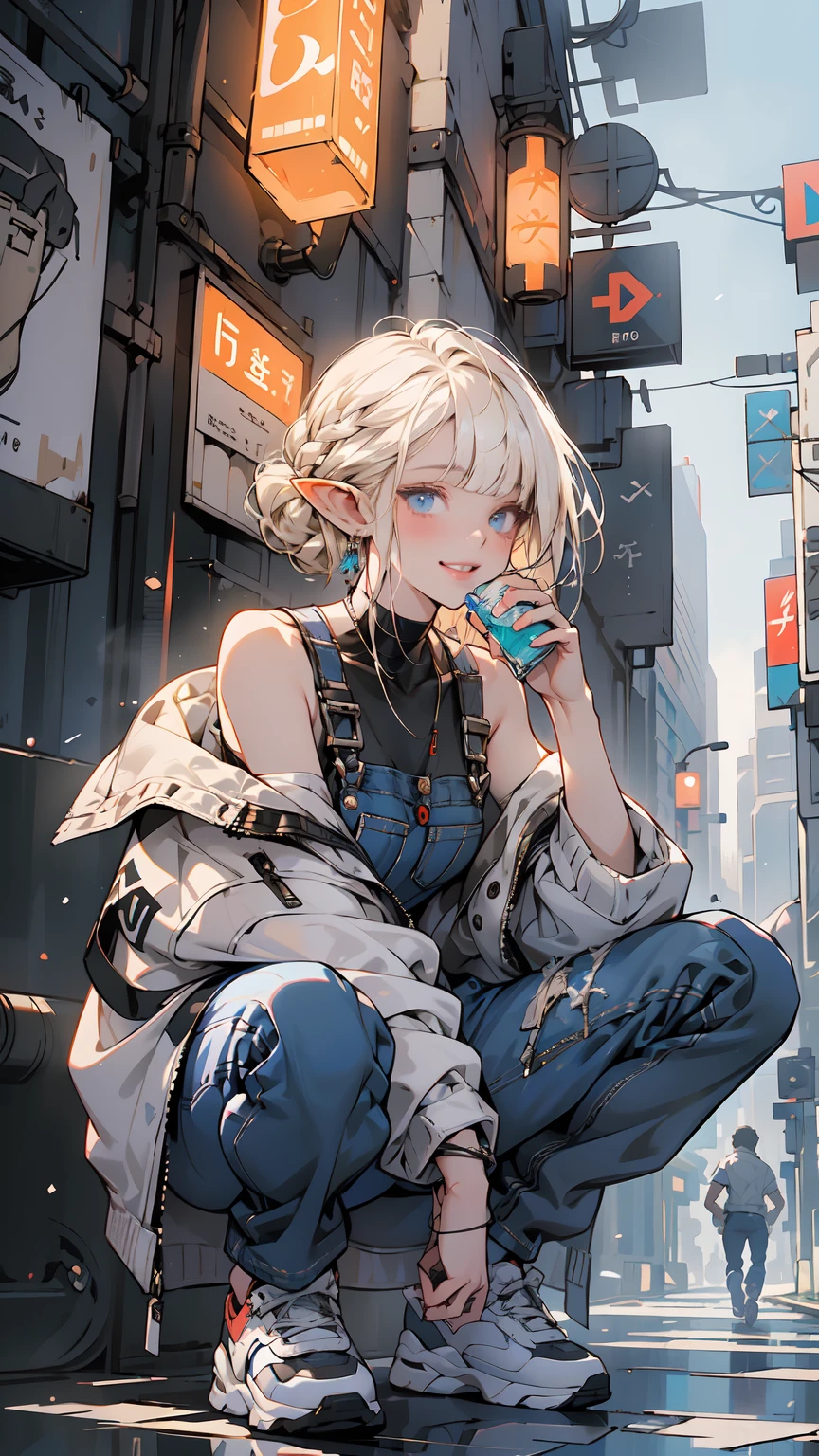 (1elf girl), (beauty elf girl), (ultra-high picture quality), masterpieces, casual scene, squatting beside a mini market, relaxed vibe, holding a beverage, She's dressed in a trendy techwear outfit, perhaps a stylish jacket and jeans, with comfortable sneakers, sunlight casting warm tones, street ambiance, urban setting. Perfect body, (E-cup:1.2), overalls, light smile, fresh, (asymmetrical bangs:1.3), Braid Bun hair, short hair, highly detailed face and eyes, Perfect lips, (white blonde hair, Deep Blue Eyes:1.2),cyberpunk, sci-fi, (bare shoulders), digital art, Aesthetic, Cinematic Lighting, by Yusuke Murata.