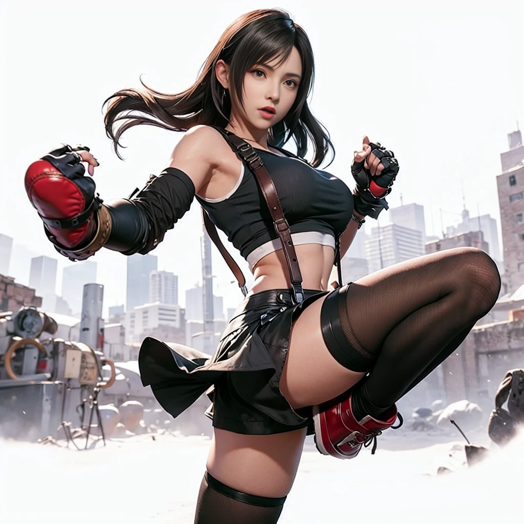 Tifa Lockhart, usando regata preta, Wearing black mini skirt with suspenders, usando bota preta, rosto delicado, expression serious, rosto detalhado