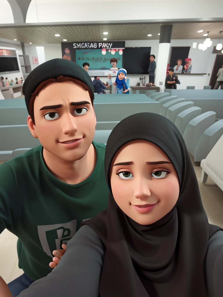 romantic couple, igual aos filmes Disney Pixar, Hijab-wearing woman and handsome teenager