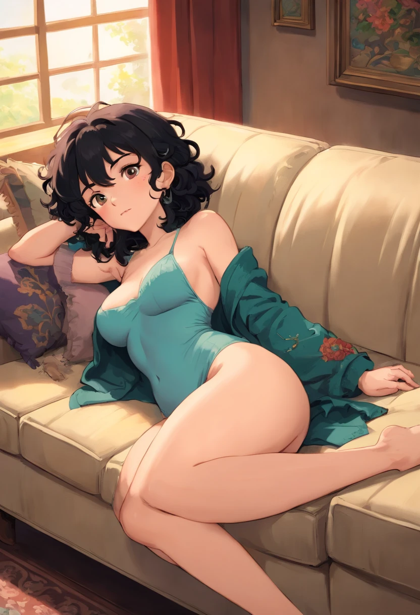 nude woman, soft and curvy, androgynous, laying down on a couch, large breasts, very short dark curly hair, tattoos,