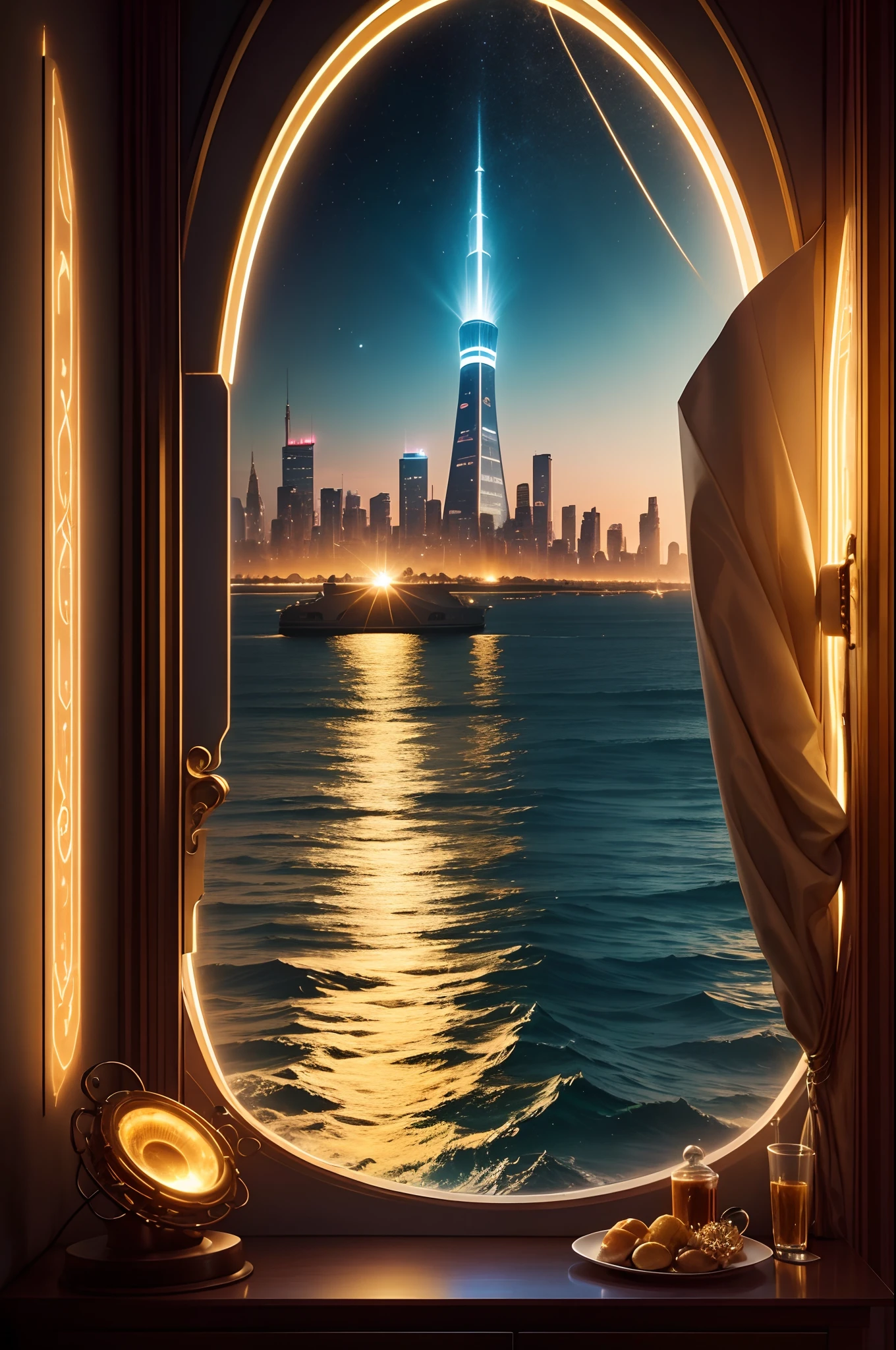 from the sea looking out over the horizon is the golden city of lights, a golden-bronze utopian sci fi paradise city that is home free to all who seek asylum from their past and know of it. However, there are few who know of the city of lights, and you can know if it through song.