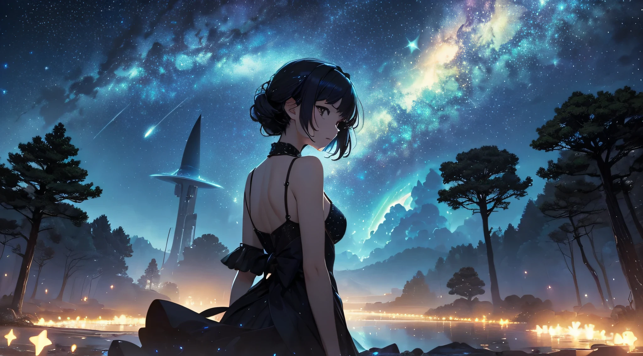 ​masterpiece、Background with((Fantastic starry sky、meteors、black hole))、Depth((Giant Tree、Fantastic、Luminescent))、Luminescent butterflies are flying、a beauty girl、onepiece、Rear view