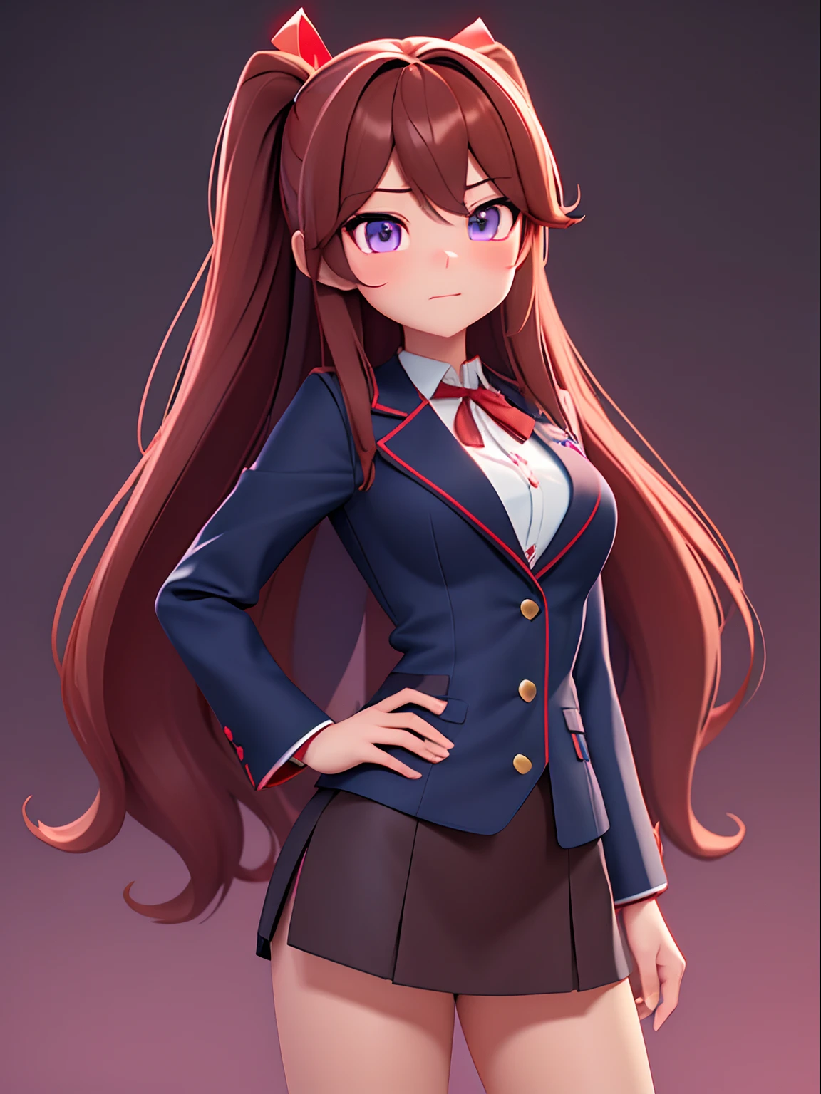 Red、high-level image quality、Brown hair long hair、Navy blue blazer school uniform with red ribbon、Reddish-purple eyes、3D anime girl rendering、anime styled 3d、cute 3d render、 3 d render character art 8 k、The upper part of the body、Delicate drawing、