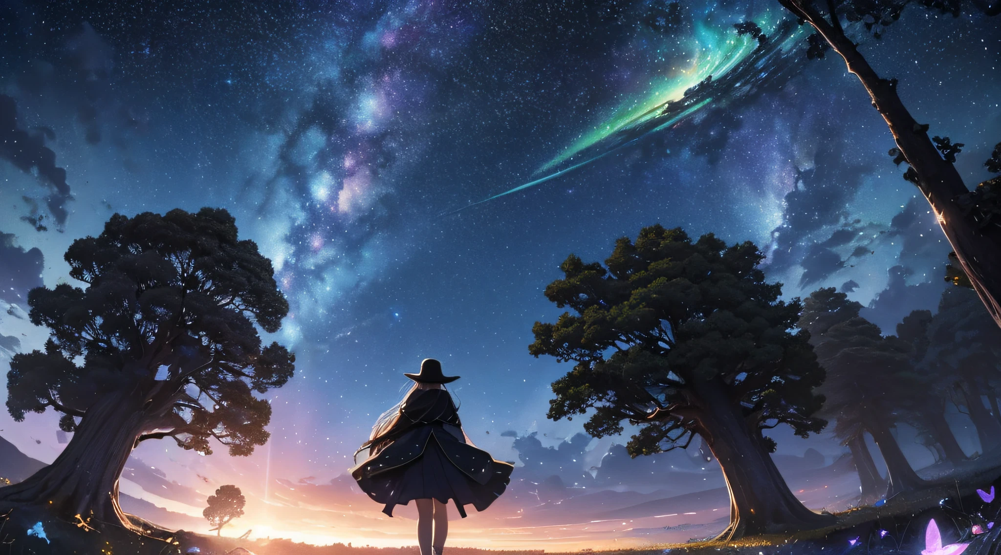 masterpiece、Background with((Fantastic starry sky、meteors、black hole))、Depth((Giant Tree、Fantastic、Luminescent))、Luminescent butterflies are flying、a beauty girl、onepiece、Rear view