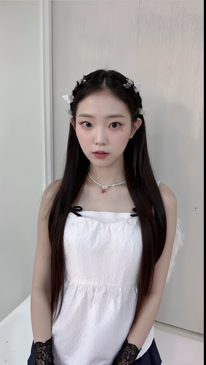 a close up of a woman with long hair wearing a white dress, ulzzang, white hime cut hairstyle, jaeyeon nam, jinyoung shin, jossi of blackpink, pigtails hairstyle, the hime cut, kim doyoung, taejune kim, with long hair, straight hairstyle, wan adorable korean face, twintails hairstyle, cruel korean goth girl, indentical to kang haerin, naked body, boobs showing, orgy, multiple penises surrounding her face, semen dripping on her breasts