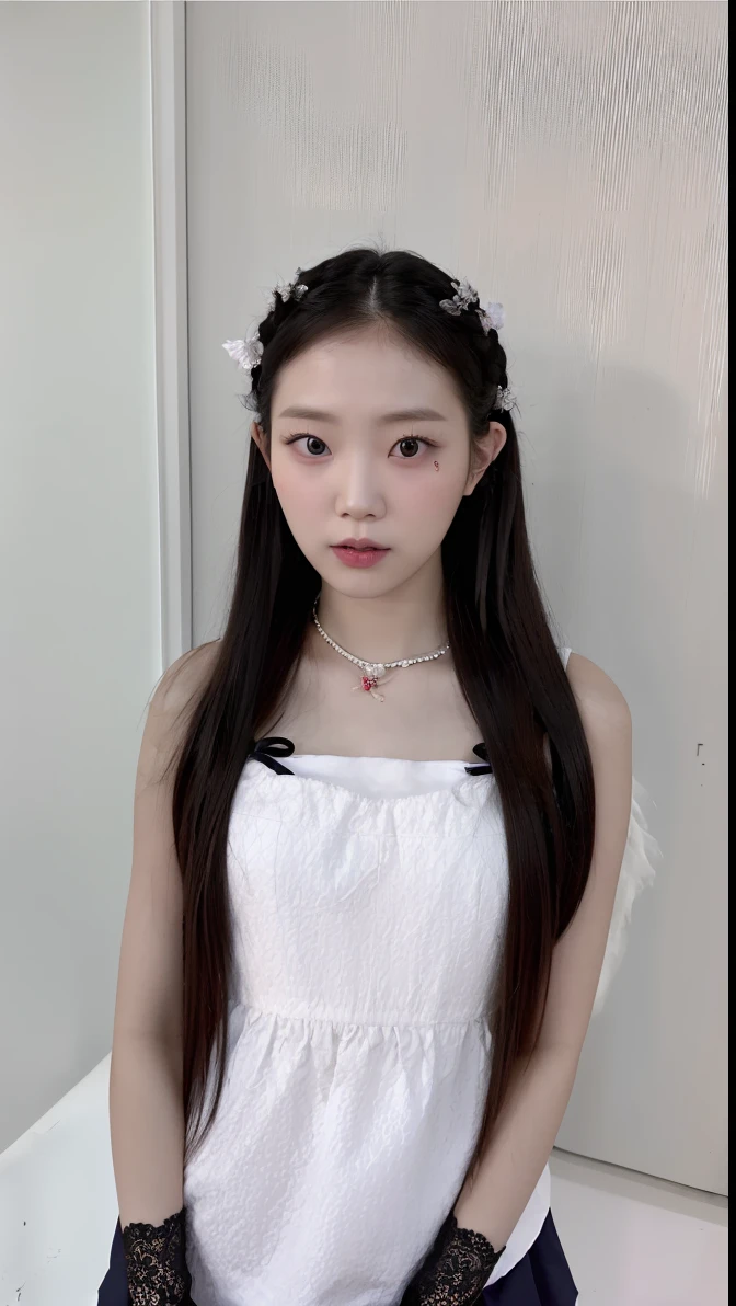a close up of a woman with long hair wearing a white dress, ulzzang, white hime cut hairstyle, jaeyeon nam, jinyoung shin, jossi of blackpink, pigtails hairstyle, the hime cut, kim doyoung, taejune kim, with long hair, straight hairstyle, wan adorable korean face, twintails hairstyle, cruel korean goth girl, indentical to kang haerin, naked body, boobs showing, orgy, multiple penises surrounding her face, semen dripping on her breasts