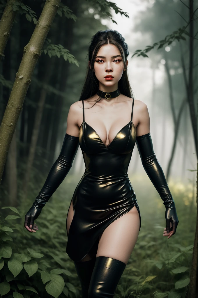 (masterpiece: 1.2), (best quality: 1.2), (highly detailed: 1.3), (intricate detail), highres, best illustration, perfect lighting, forest, warm colors, sunlight, sunrays in forest, warrior monsters, wind breeze, full body, full body shot, perfect face details, detailed eyes, detailed background, realistic photo, (sharp focus: 1.2), ((looking at camera: 1.2)), solo, 1 girl, ninja woman,  black hair ninja, perfect human anatomy, perfect legs, perfect arms, perfect face, ((realistic hands: 1.3)) long platinum hair, crown braid in hair, female clothing, sexy ninja outfit, little armor, leather pencil dress, feel garter, black gloves with gold accents, flashy neckline, seductive appearance, sexy body lines, human hands, attractive female body, (stylish and sexy ninja uniform: 1.2), female boot, hard , woman with closed mouth, green iris, looking at viewer, perfect lighting, epic realism