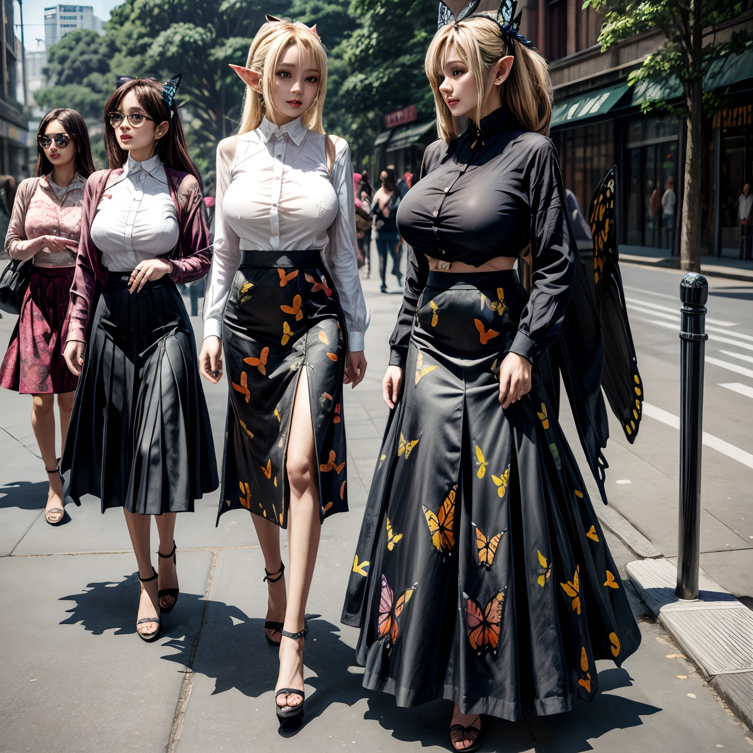 Design drawing of long skirt fashion with (butterfly motif:1.2) for female mature elf on the street , giga_busty