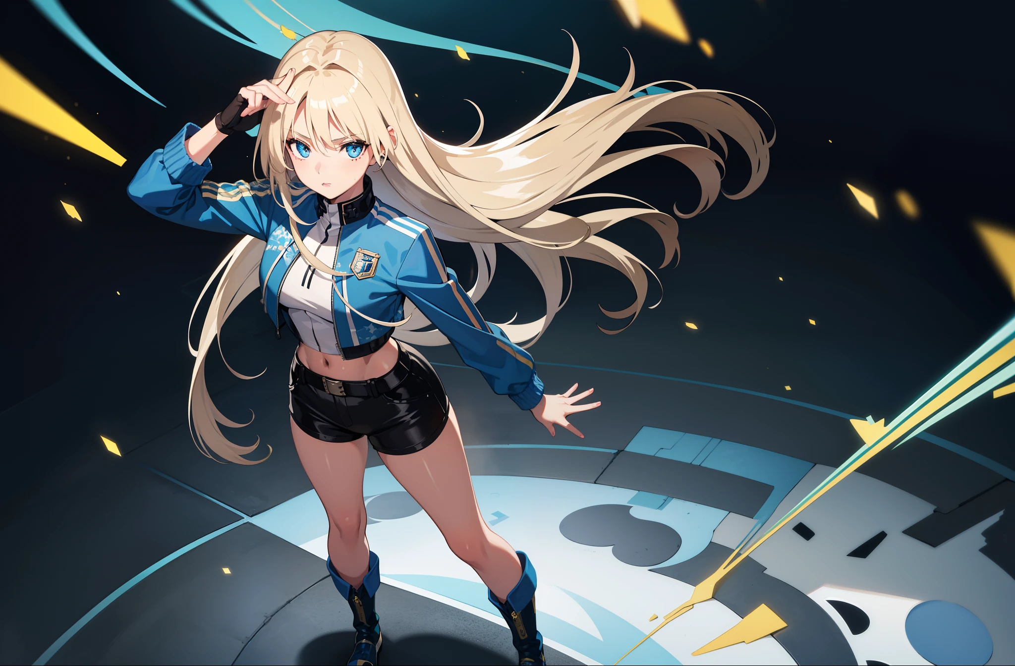 1 girl, mature girl, masterpiece, best quality, detailed eyes, sparkling eyes, shiny skin, shiny hair, blue eyes, light blonde hair, tall, long hair, straight hair, full body, best quality, shiny skin, shiny hair, sweaty, shorts, blue camouflage jacket, midriff, standing, blue sky,