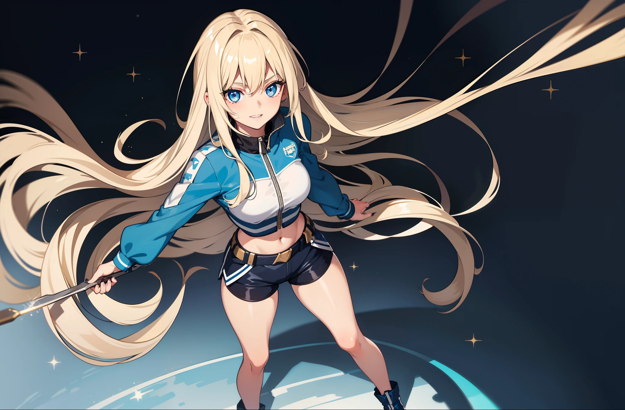 1 girl, mature girl, masterpiece, best quality, detailed eyes, sparkling eyes, shiny skin, shiny hair, blue eyes, light blonde hair, tall, long hair, straight hair, full body, best quality, shiny skin, shiny hair, sweaty, shorts, blue camouflage jacket, midriff, standing, blue sky,