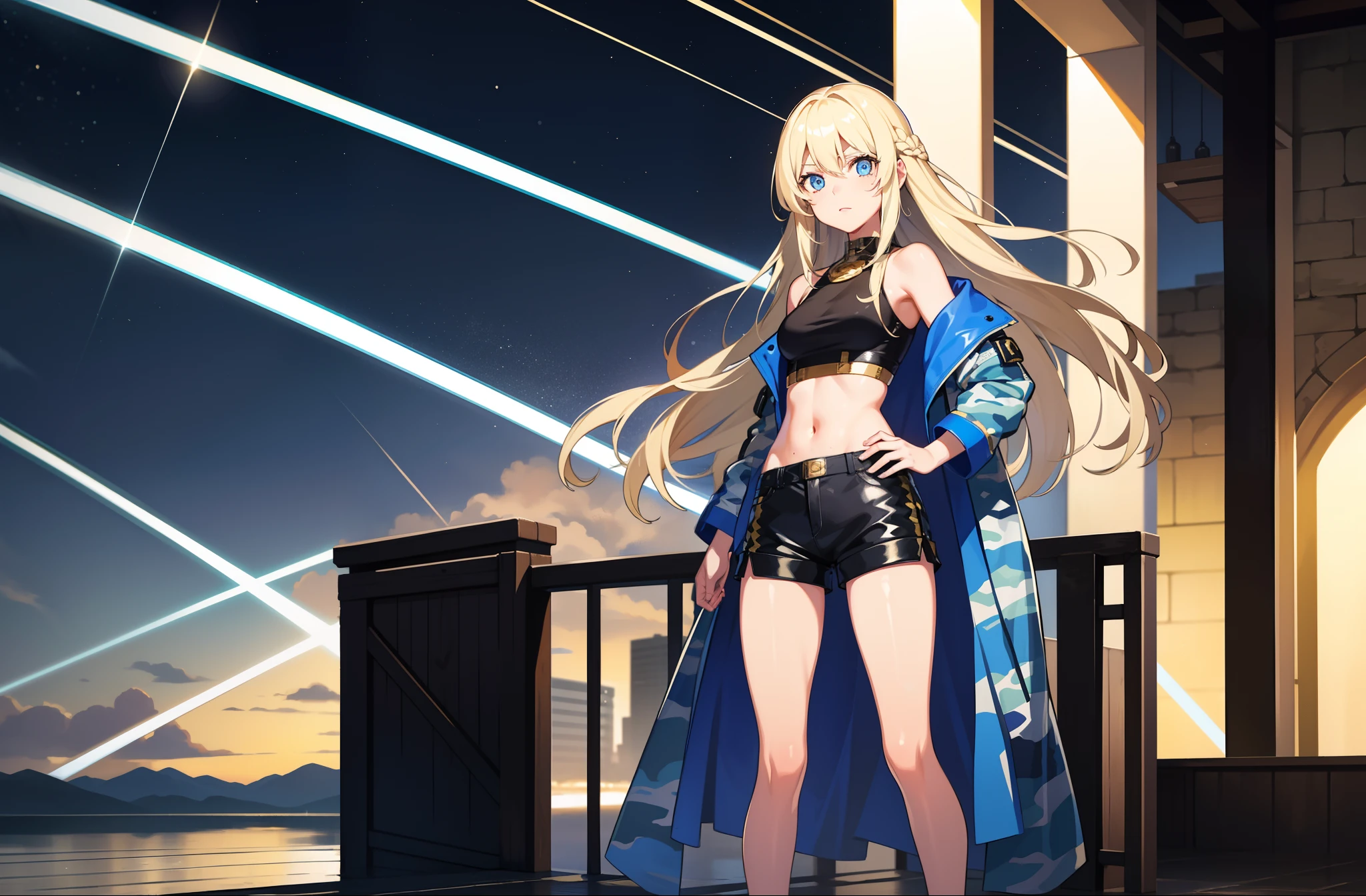 1 girl, mature girl, masterpiece, best quality, detailed eyes, sparkling eyes, shiny skin, shiny hair, blue eyes, light blonde hair, tall, long hair, straight hair, full body, best quality, shiny skin, shiny hair, sweaty, shorts, blue camouflage jacket, midriff, standing, blue sky, exposed shoulders,