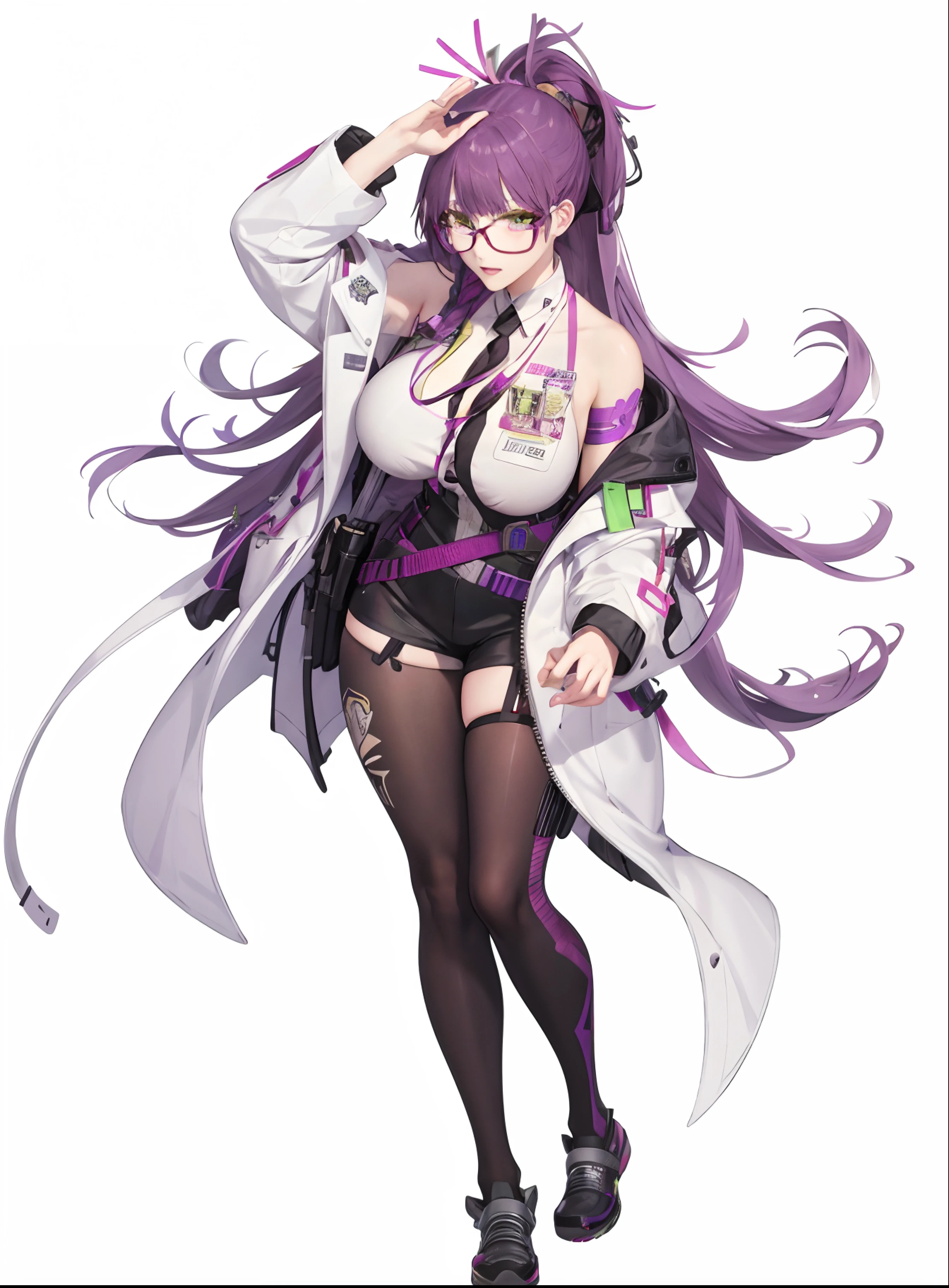 a close up of a person with a purple hair and glasses, from girls frontline, kda, ayaka genshin impact, full body xianxia, girls frontline style, official character art, fine details. girls frontline, girls frontline universe, wearing lab coat and glasses, anime moe artstyle, cushart krenz key art feminine